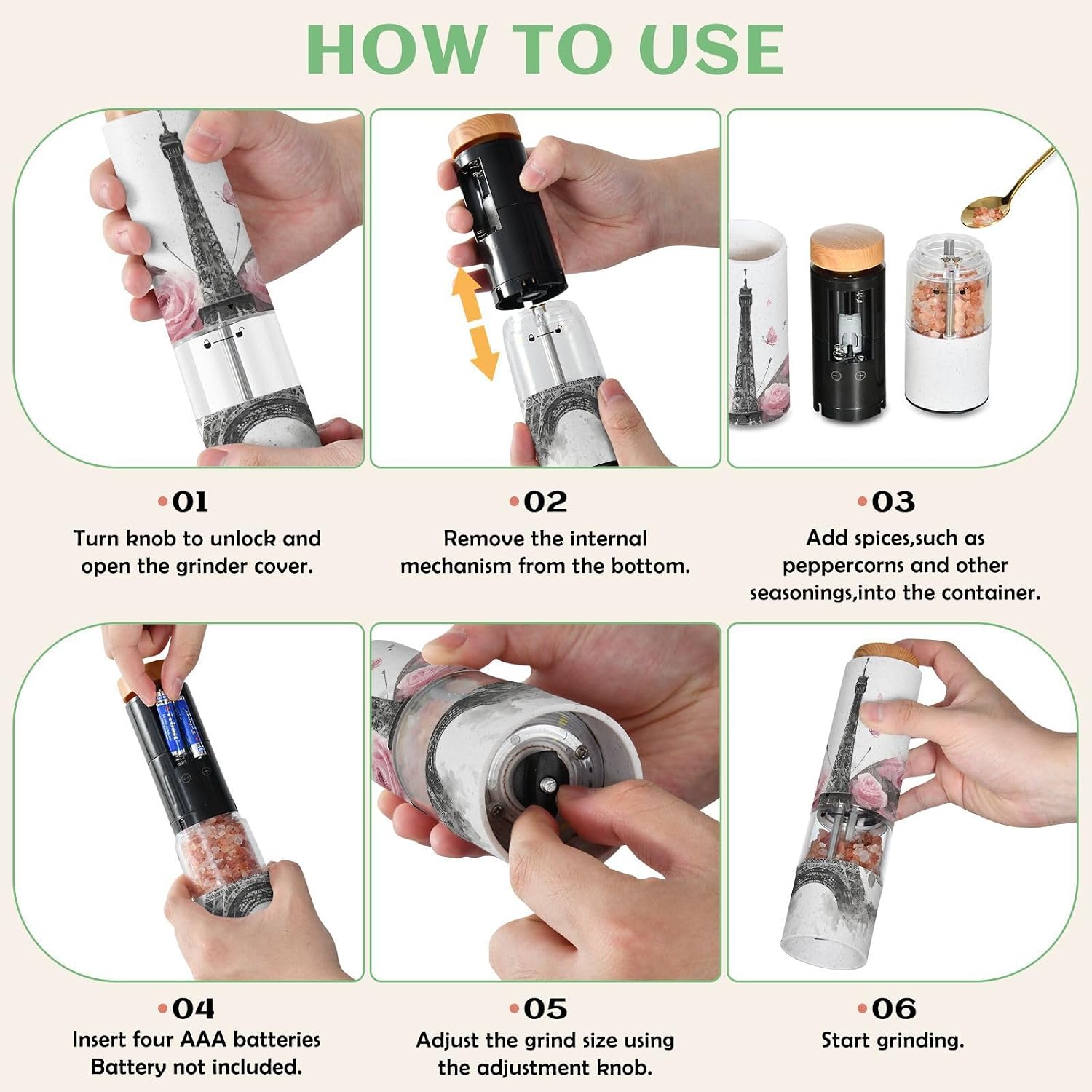 ALAZA Electric Pepper Grinder with Adjustable Coarseness, Eiffel Tower Flowers Butterflies Battery Automatic Salt and Pepper Mill with Led, One-Handed Operation Spice Grinder for Kitchen, Camping & BB