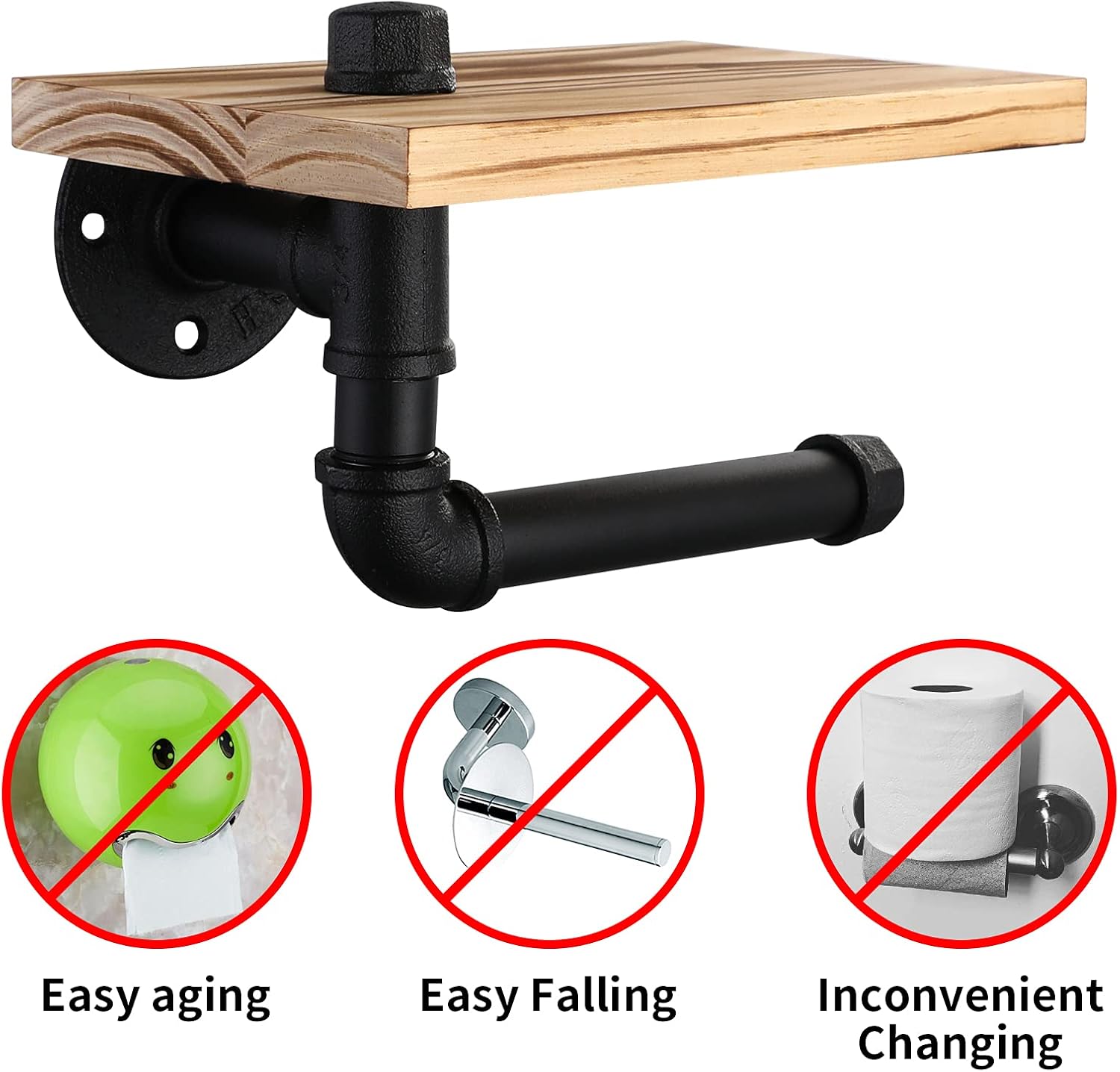 Livabber Industrial Pipe Toilet Paper Holder - Vintage Style DIY Wall Mount Roll Tissue Towel Holder for Bathroom Living Room and Kitchen (7" with Shelf, Black) image 3