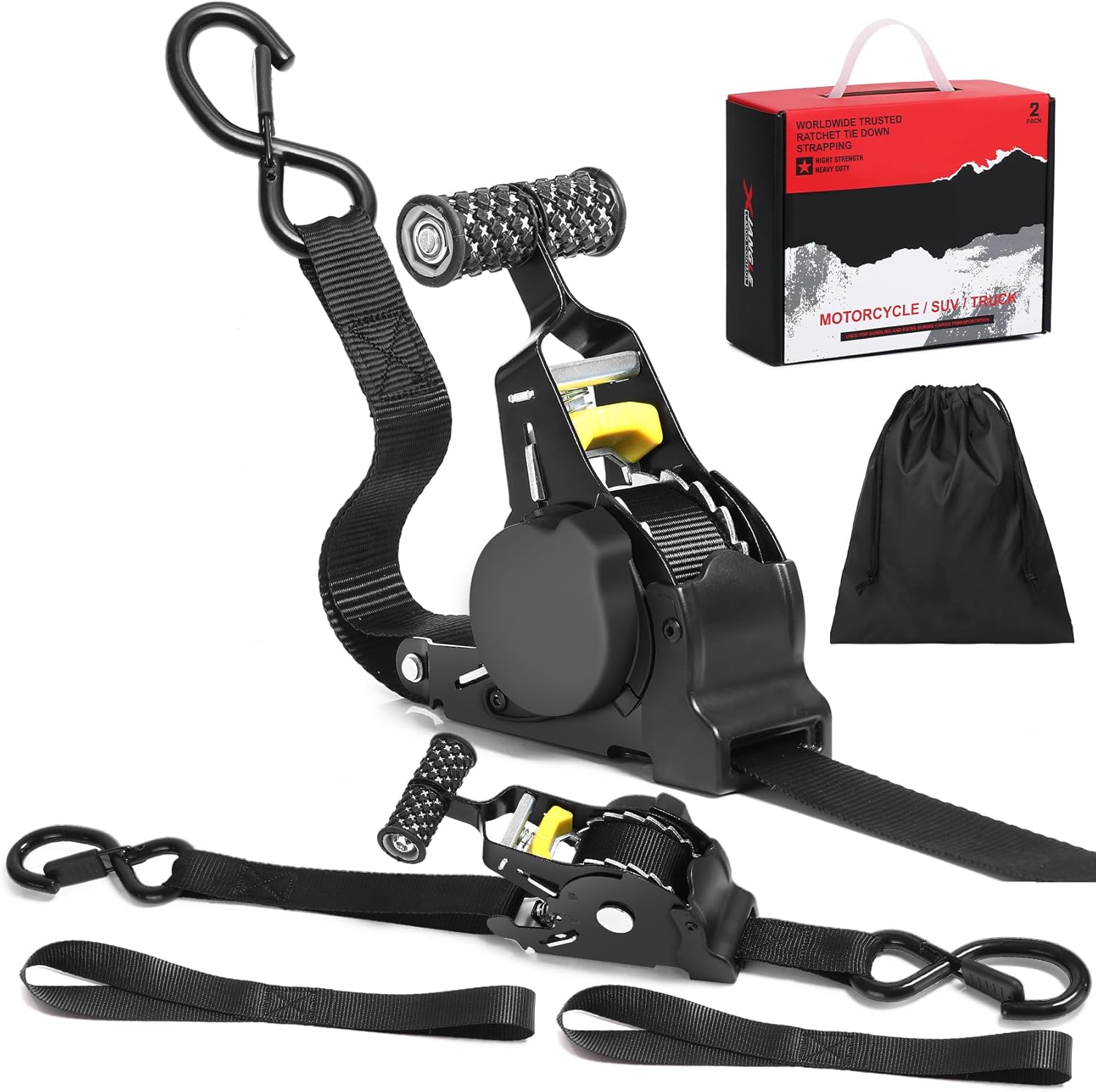 2PK Auto Retractable Ratchet Tie Down Straps, 1” x 10FT (1500lbs Break Strength) Heavy Duty Self-Winding Tie-Downs with Safety S-Hooks & Soft Loops, for Motorcycle, ATV, Kayak, Truck - Black