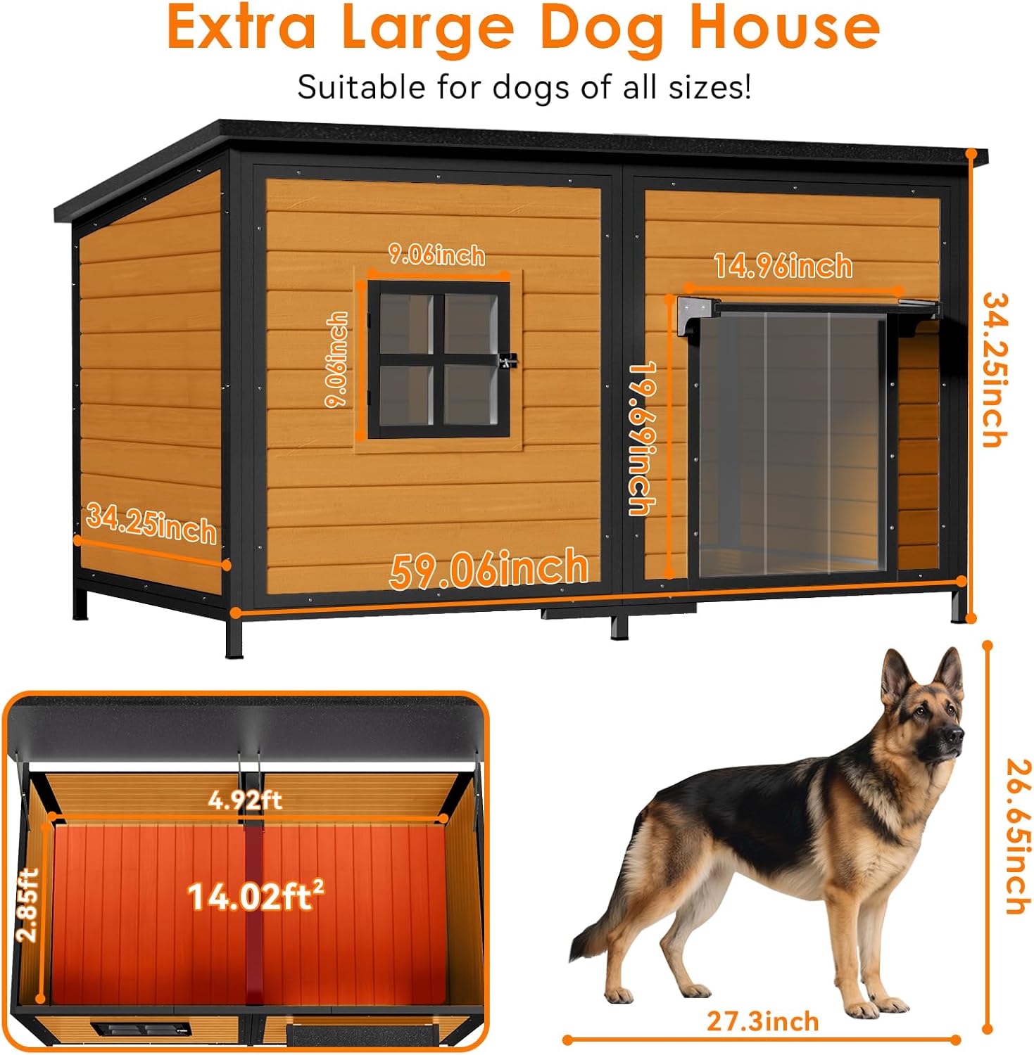 59" Dog House for Outdoor, Extra Large Dog House with Weatherproof Roof, Easy to Install, Anti-Chewing Metal Frame Design for Small Medium Large Breeds Dogs(Brown)