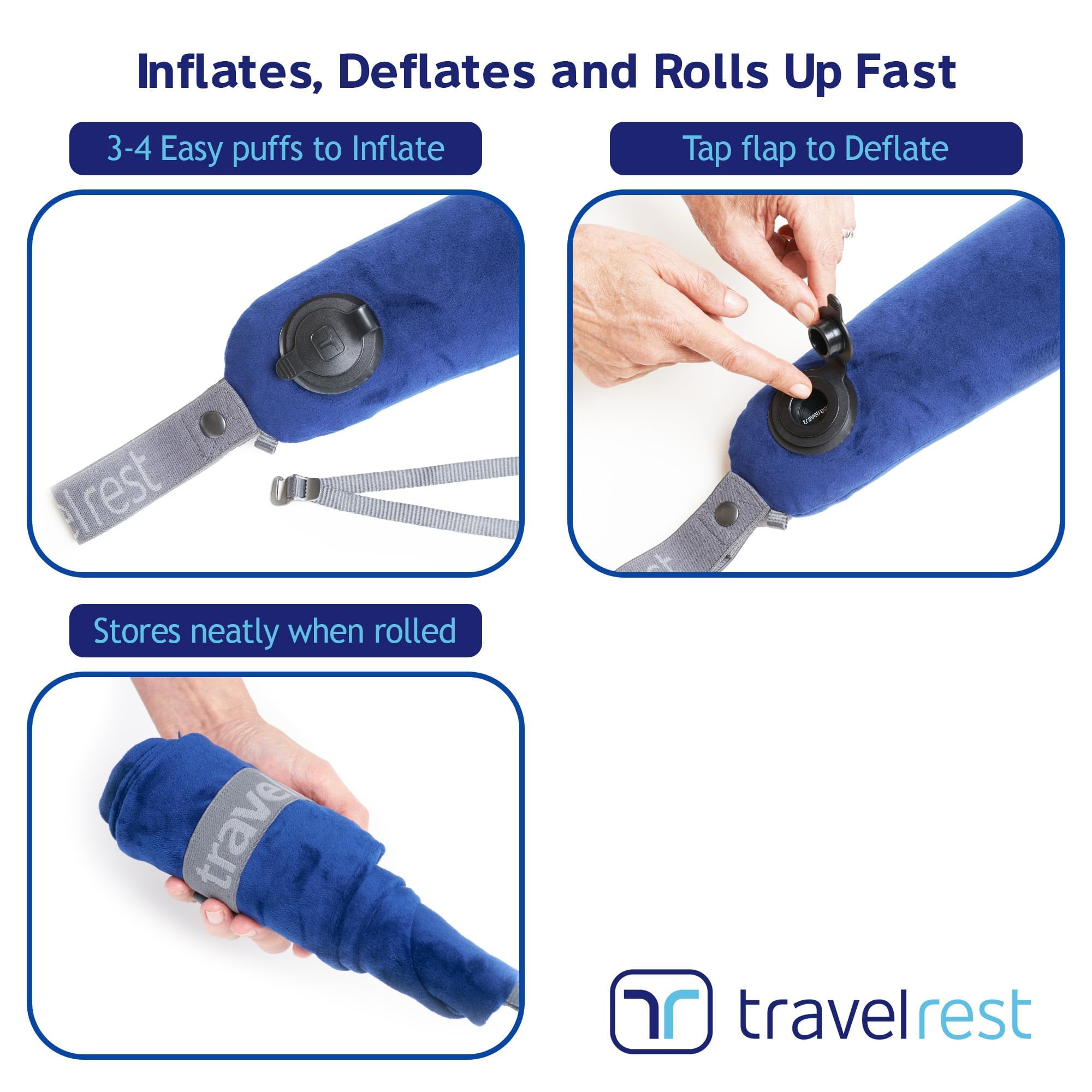 TRAVELREST All-in-One Poduszka podróżna, mocowanie do samolotu i fotelika samochodowego, wkładki z memory foam, można prać, welurowa osłona, nadmuchiwana, do spania podczas lotów i podróży, niebieska