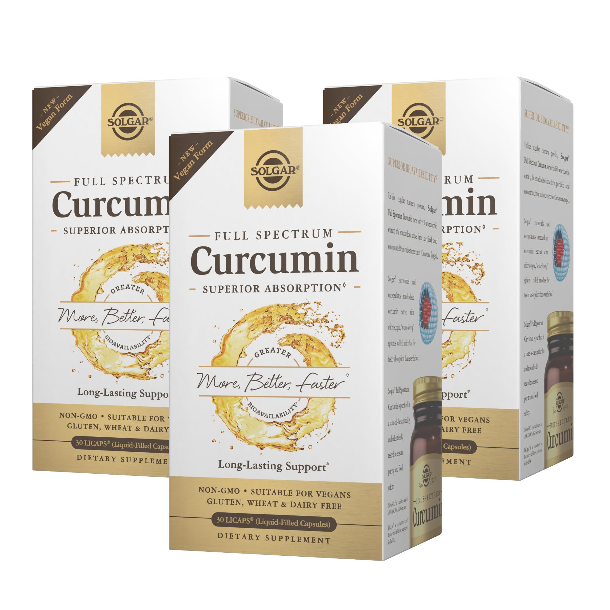Solgar Full Spectrum Curcumin - 30 LiCaps, Pack of 3 - Superior Absorption - Brain, Joint & Immune Health - Vegan, Gluten Free, Non-GMO, Dairy Free - 90 Total Servings 1 Count (Pack of 3)