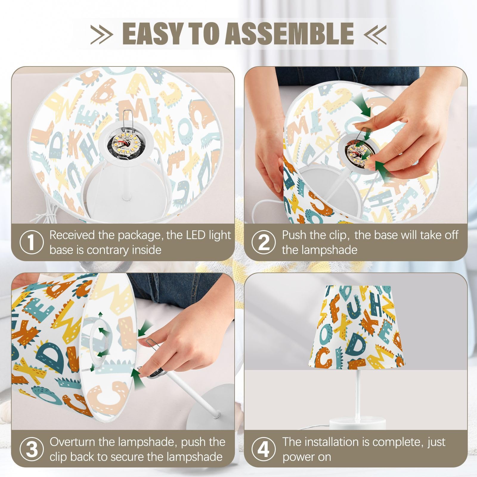 Mnsruu Lámpara de mesita de noche con dibujos animados de dinosaurio, letras infantiles, lámpara de mesa, bombillas LED, lámpara de escritorio, pantallas de tela para dormitorio, sala de estar, tamaño