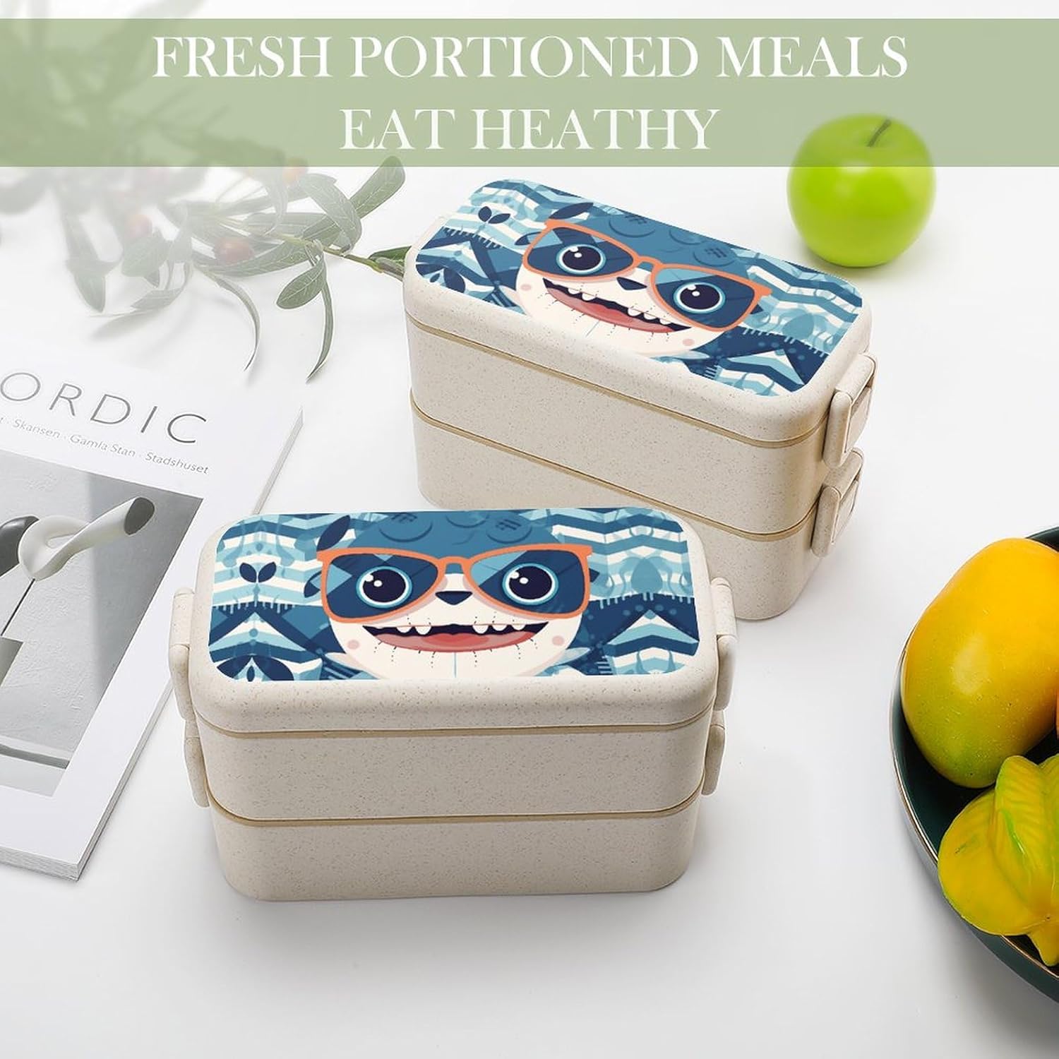 Lunch Box Bento Premium Shark with Glasses Printed Bento Box Bento with Spoon And Fork with Compartment Containers Suitable for Men And Women, style