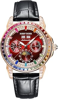 REEF TIGER Luxury Complete Calendar Mechanical Automatic Watch for Men Analog Crystal Bezel Luminous Leather Classic Watches RGA1988