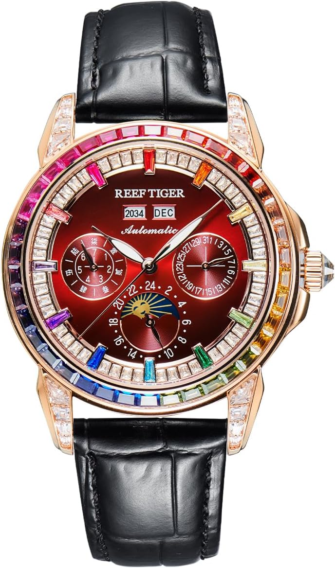Luxury Crystal Bezel Moonphase Complete Calendar Mechanical Automatic Watch for Men Luminous Leather Strap Classic Watch RGA1988