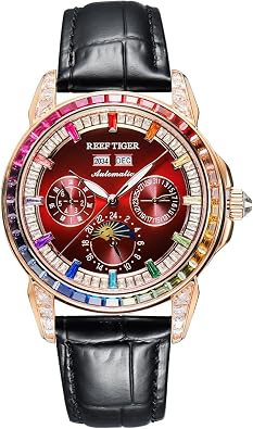 REEF TIGER Luxury Crystal Bezel Moonphase Complete Calendar Mechanical Automatic Watch for Men Luminous Leather Strap Classic Watch RGA1988