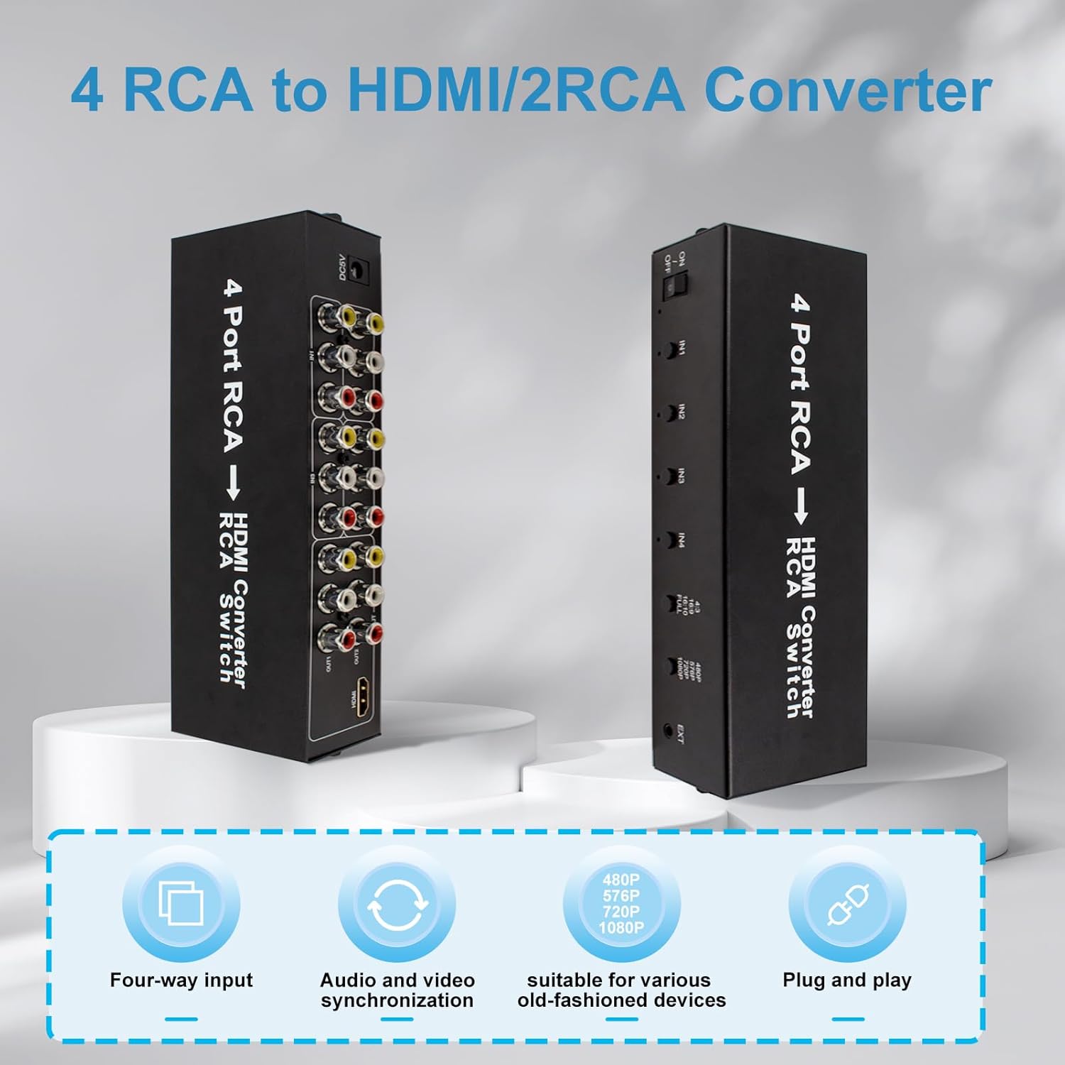 Wiistar 4 Port RCA to HDMI Converter with RCA Switch 4AV in 1HDMI 2AV Out Composite to HDMI with AV Switcher 1080P/720P/576P/480P, 4:3/16:9/16:10/Full for DVD WII PS2 N64 SNES