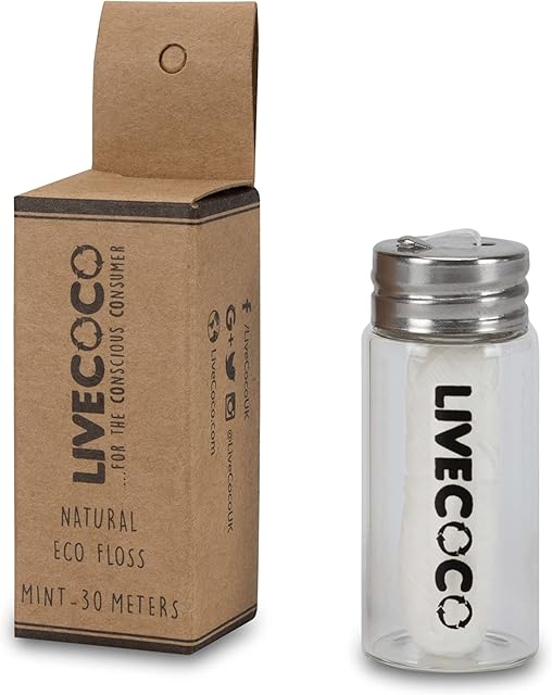 LiveCoco Zero Plastic Dental Floss, Tooth Floss for Adults and Kids with Refillable and Reusable Glass Holder, Waxed Floss with Fresh Mint Flavour for Oral Care, 30m Floss Spool