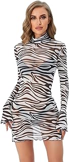 Women’s Floral Tie Dye Sheer Mesh Mini Dress Sexy Mock Neck Split Bodycon Flared Long Sleeve Beach Party Dress