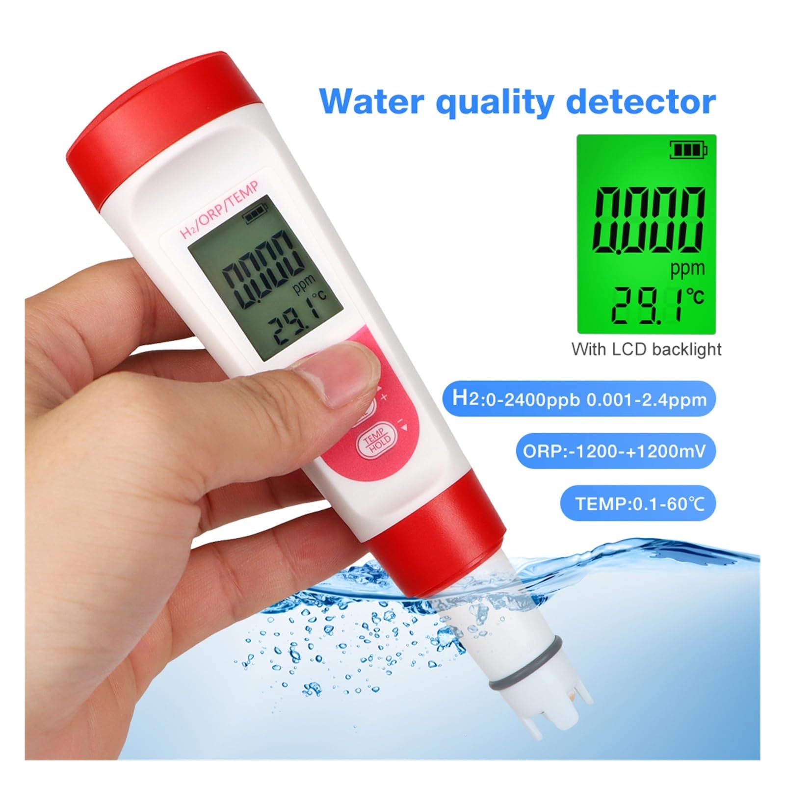 Testeur de qualité de l'eau Compteur d'eau numérique 3 en 1 H2 ORP avec ATC, testeur d'hydrogène Haute précision 0-2400 PPb