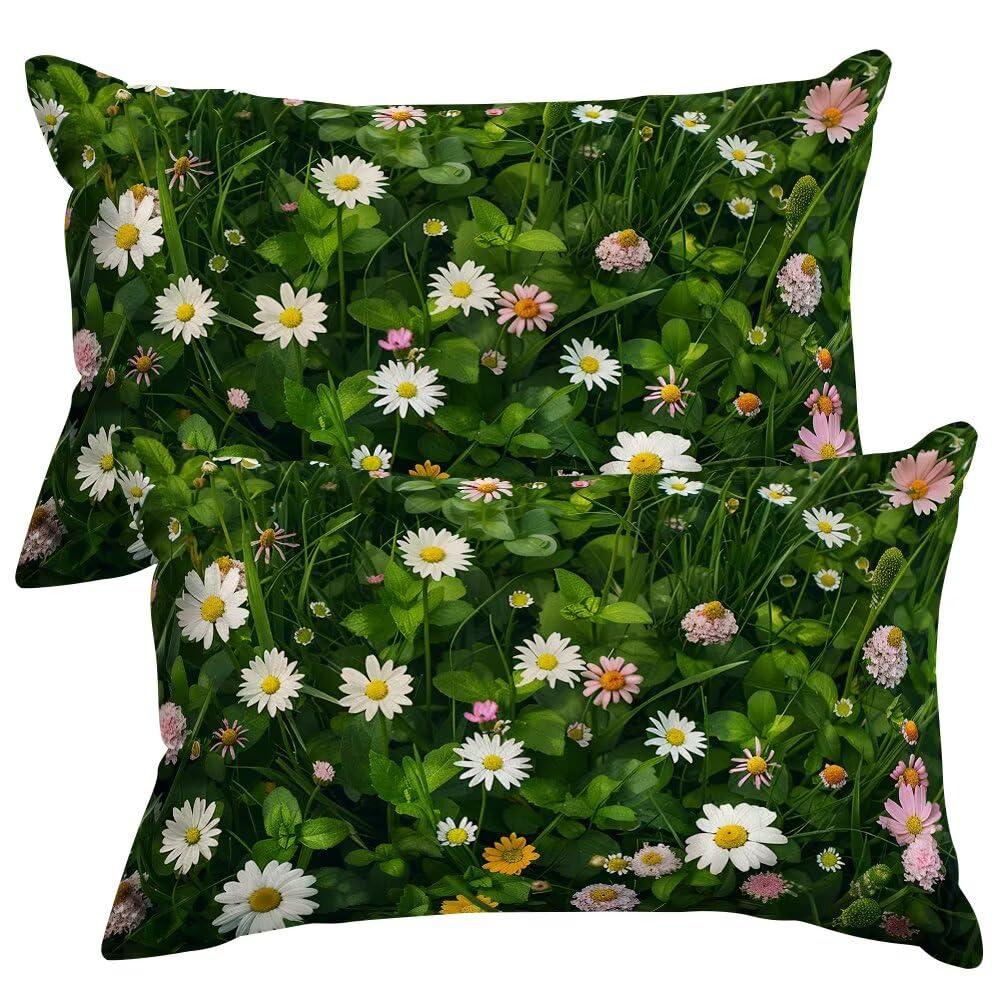 Set of 2 Velvet Cushion Covers 40x60 cm Green Wildflowers Cushions Covers Decorative Throw Pillow Case Spring Summer Sofa Pillows 16x24 Inch Rectangle Cushion Cover for Livingroom Couch Bedroom -SC363