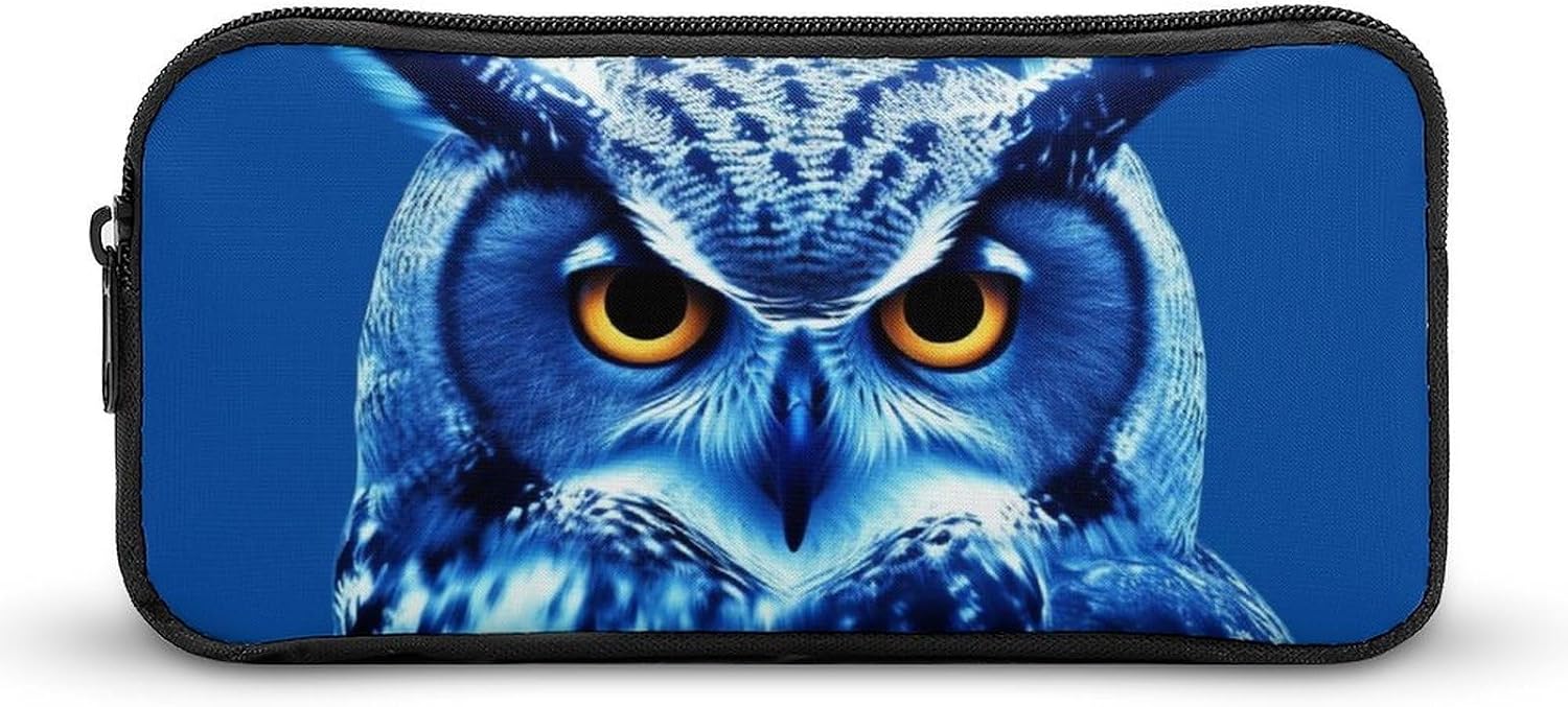 Lightweight Blue Owl Pencil Pouch with Metal Zipper
