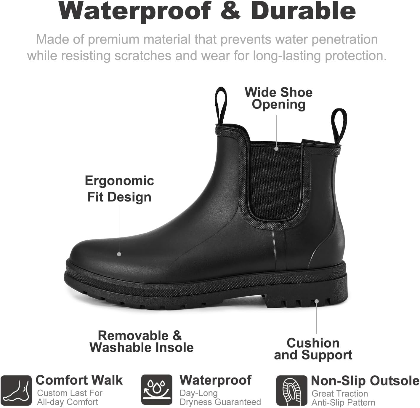 planone All-Day Comfort Short Rain Boots for Women Supportive Arch Support Chelsea Boots Fashion Waterproof Ankle Non-Slip Rubber Shoes with Removable Cushioned Insole - Image 3