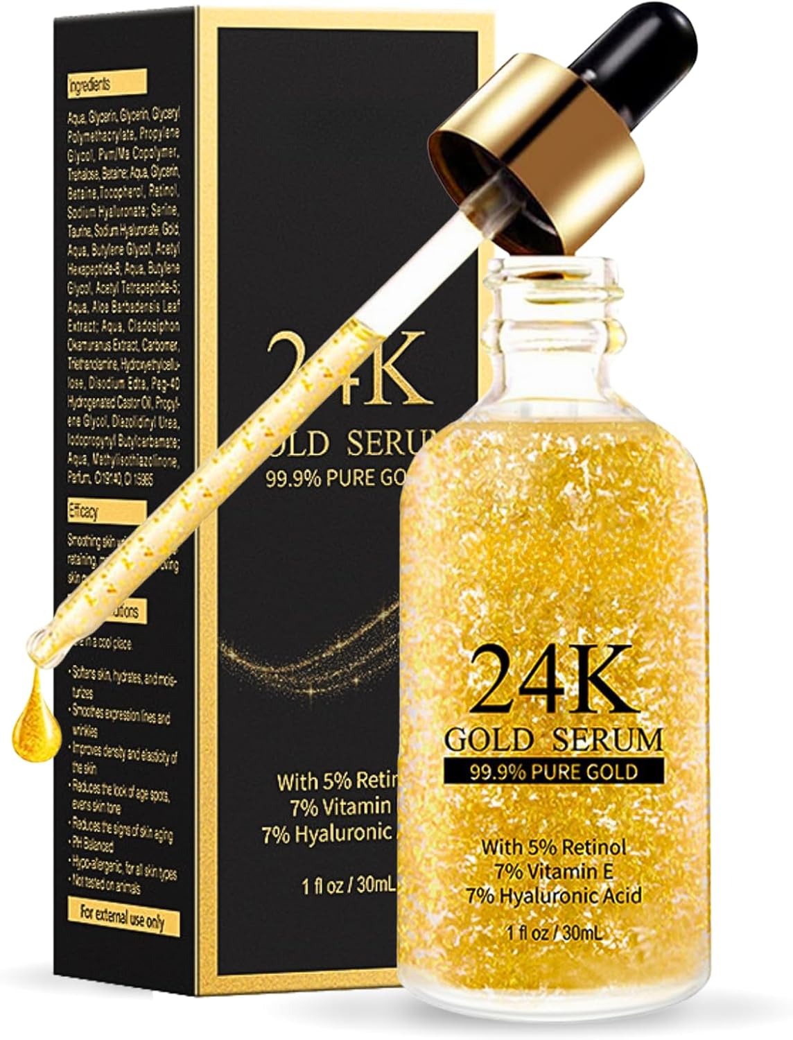 24k Gold Face Serum, 24k Gold Serum with Retinol,Vitamin E,Hyaluronic Acid, Facial Serum For Repair, Deep Moisturizing, 99.9% Pure Gold Anti Aging Serum For Face,Suitable For All Skin Types, 30ml