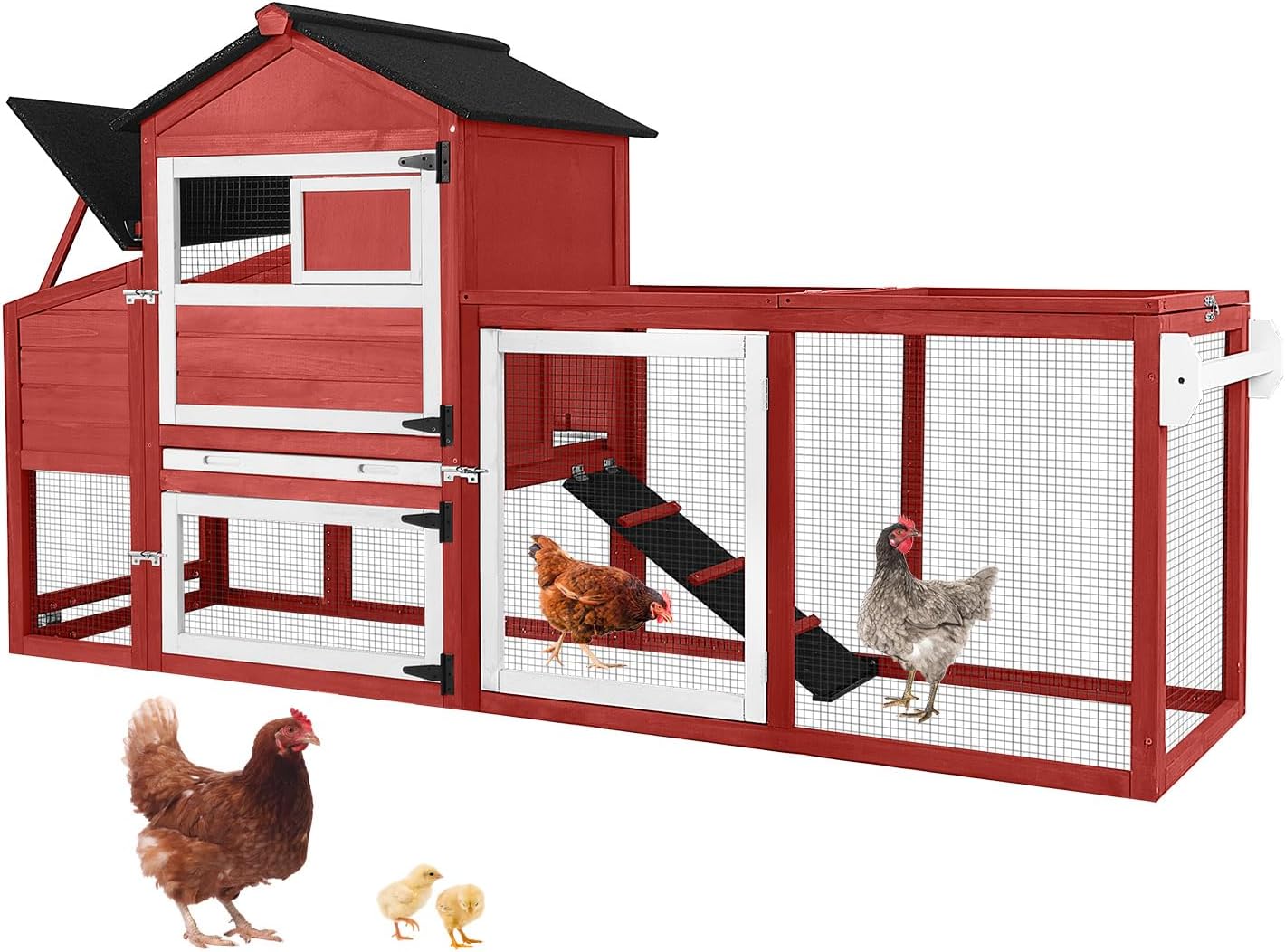 Large Chicken Coop with Run for 4-6 Chickens, Mobile Chicken Coop with Wheels & Handle, Outdoor Wooden Hen House with Nesting Box, Removable Tray, Waterproof Roof, Easy Clean Poultry Cage-Red