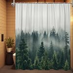 Green Misty Forest Shower Curtain Nature Woodland Pine Tree Shower Curtain 71x71 Inch Rustic Fog Forest Scenery Plant Bathroom Curtains Set with 12 Hooks Waterproof Polyester Fabric