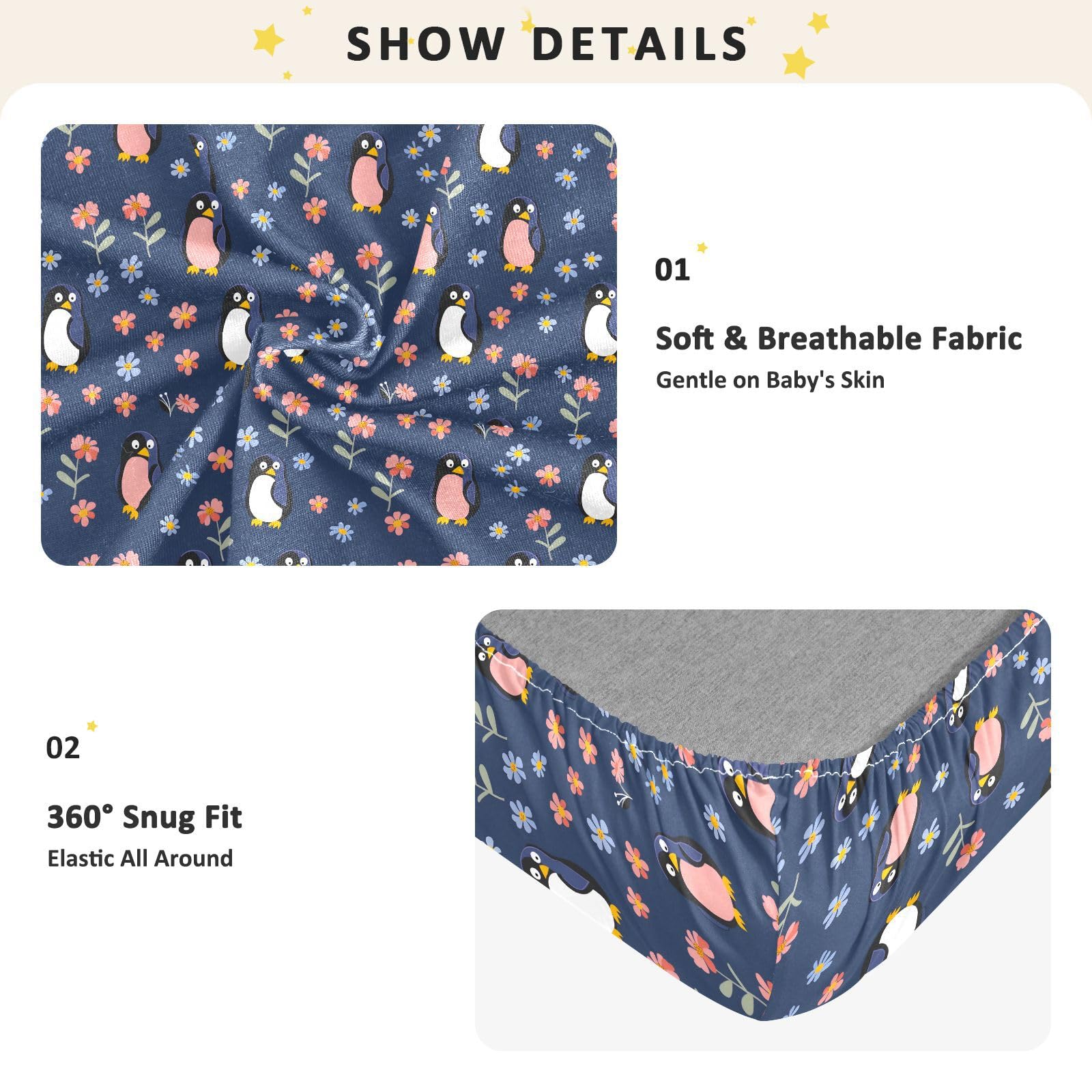Drap-housse standard doux pour berceau de bébé garçon et fille Motif pingouin avec petite fleur 71,1 x 132,1 cm