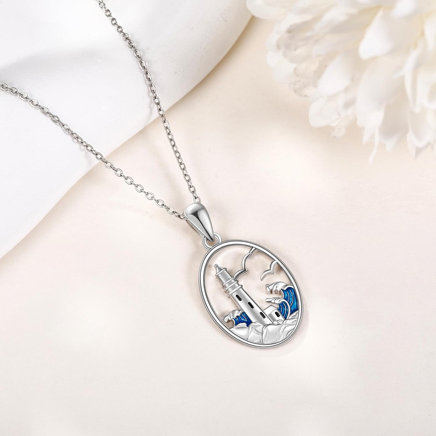 ONEFINITY Sterling Silver Lighthouse Wave Pendant Necklace - Lighthouse Jewelry Gifts For Women & Girls - Image 2
