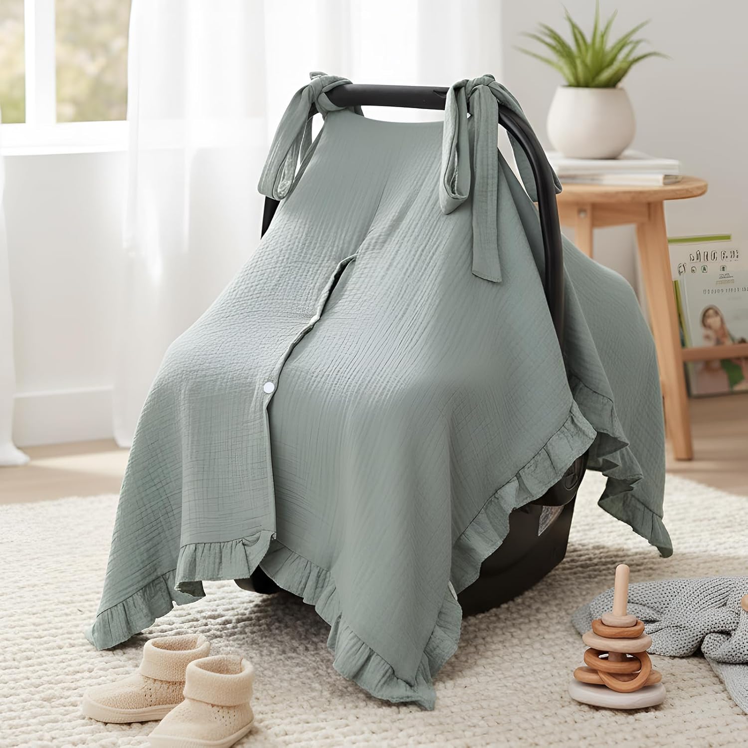 Boao Muslin Baby Car Seat Cover Soft Carseat Cover Universal Fit Stroller Canopy Breathable Infant Car Seat Canopy for Sun Bug and Comfort Protection for Boys and Girls (Classic Patterns,Green)