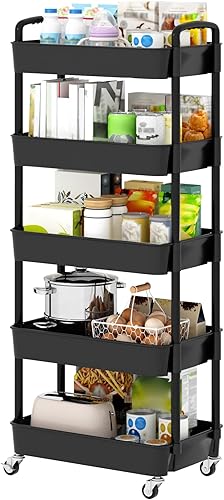 Sywhitta Carrito de plástico de 5 niveles con asa, carrito de almacenamiento multifuncional para oficina, sala de estar, cocina, organizador de