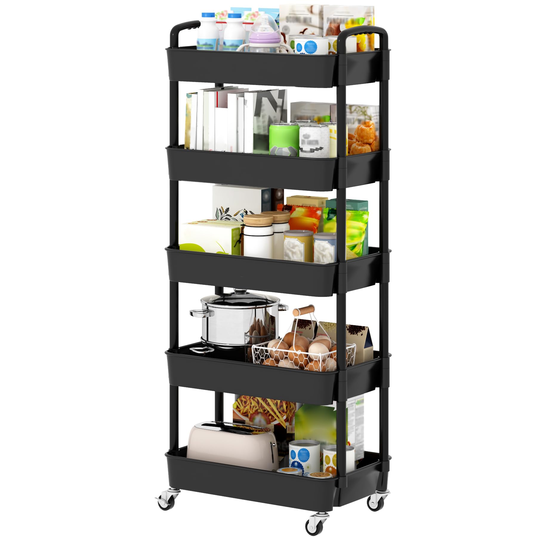Sywhitta 5-Tier Plastic Rolling Utility Cart with Handle, Multi-Functional Storage Trolley for Office, Living Room, Kitchen, Movable Storage Organizer with Wheels, Black — image 1