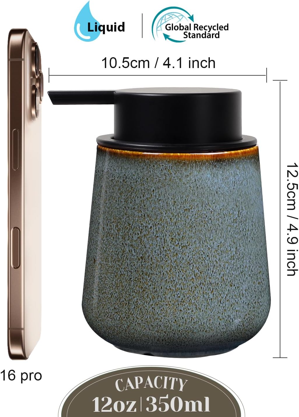 INGOFIN Ceramic Lotion Dispenser - 12 oz Refillable Hand Soap Dispenser Bathroom, Modern Liquid Dispenser with Pump, Dish Soap Dispenser for Kitchen,Kiln-Glazed Blue Green - Image 2