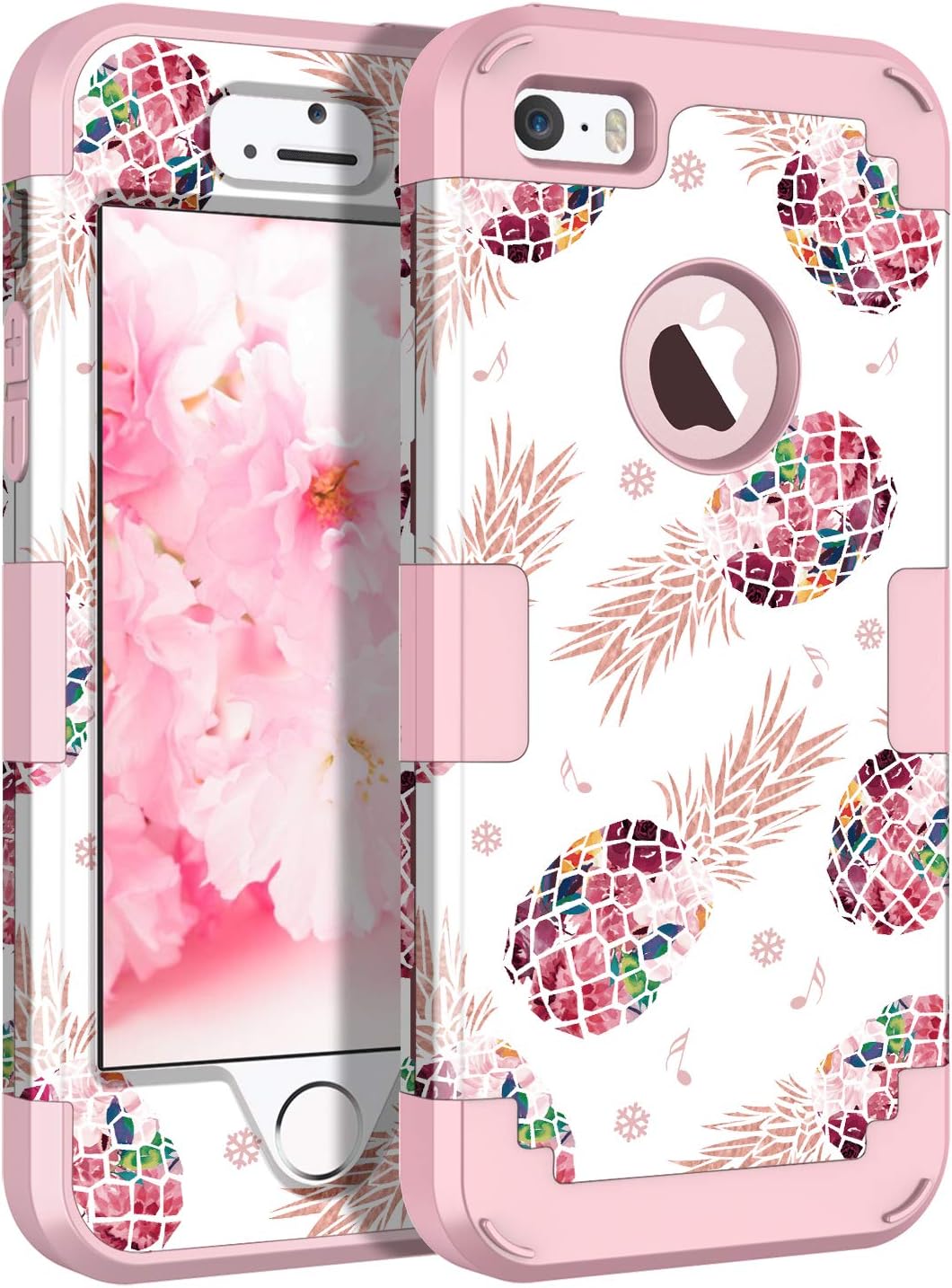 LONTECT Compatible iPhone SE Case iPhone 5/5s Case Floral 3 in 1 Heavy Duty Hybrid Sturdy High Impact Shockproof Protective Cover Case for Apple iPhone SE/5s/5, Pineapple/Rose Gold