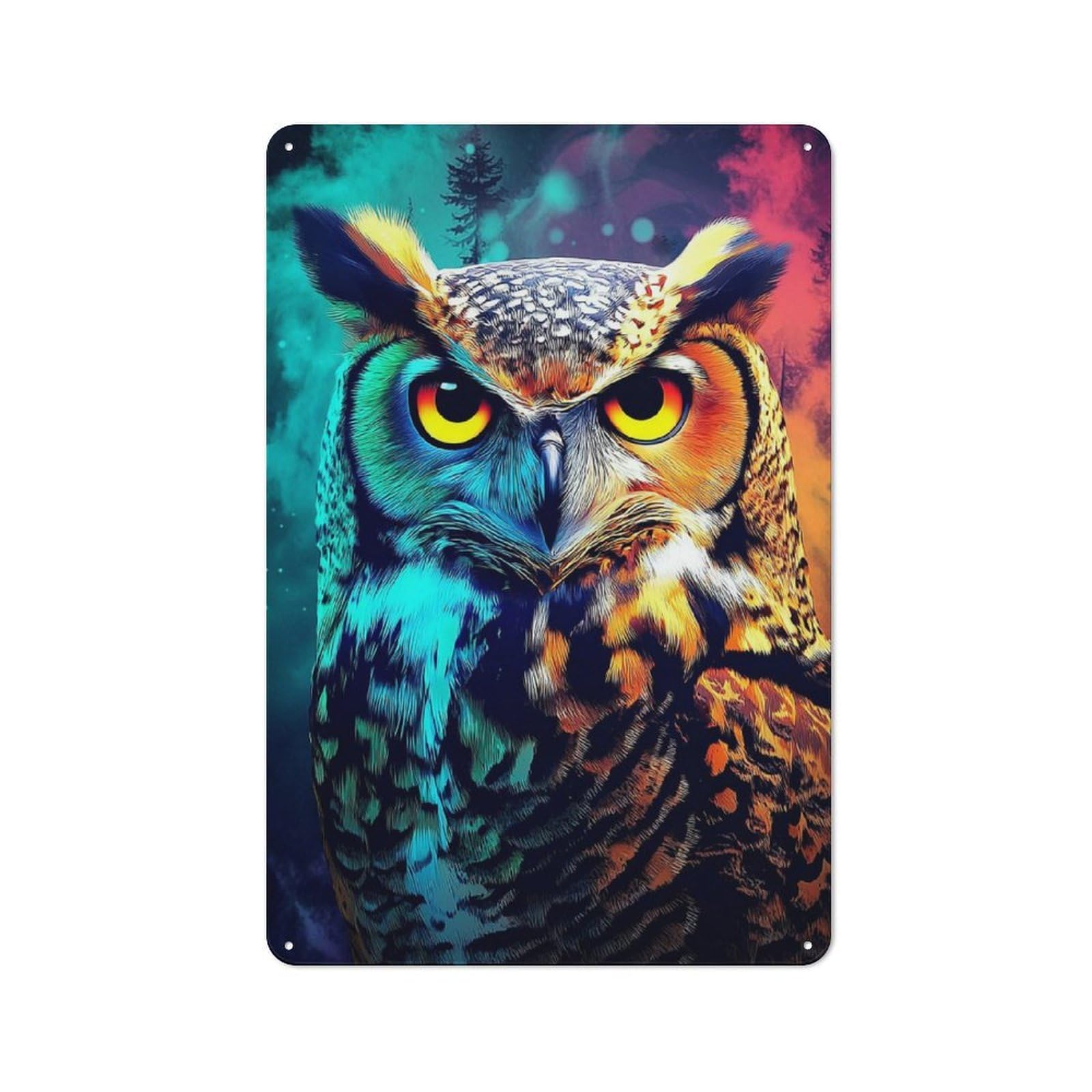 Junmoney Colorful Owl Artwork Printed Metal Sign 30X20cm For Hobby Room Or Studio, Gift Idea At Christmas For Creative Interior Collectors