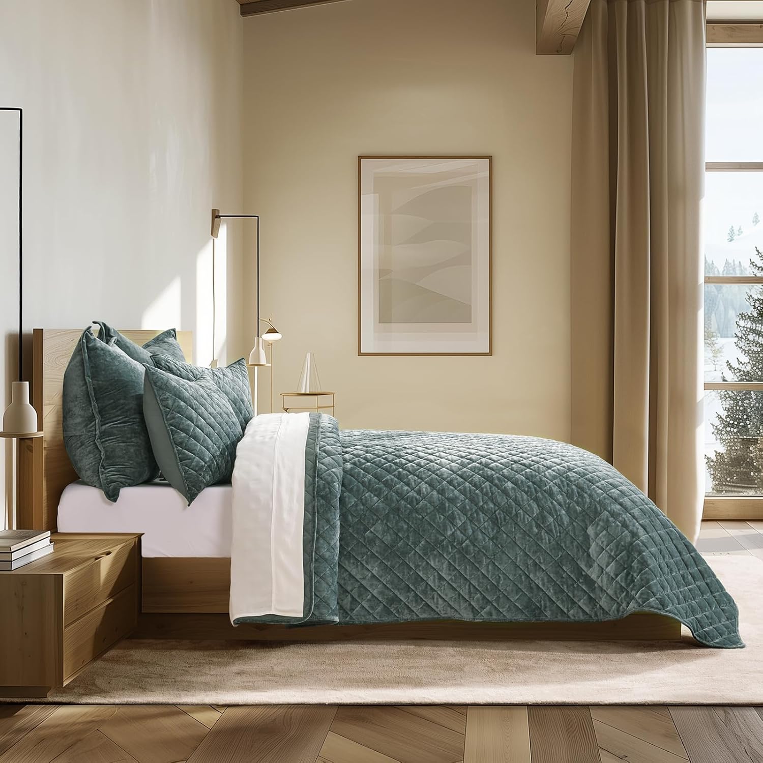 EVERGRACE Luxury Velvet Quilt Set King Size, Diamond Quilted Lightweight Velvet Comforter for All Season, Ultra Soft Oversized Bedspread Coverlet Bedding Set with 2 Pillow Shams, Dark Green - Image 3