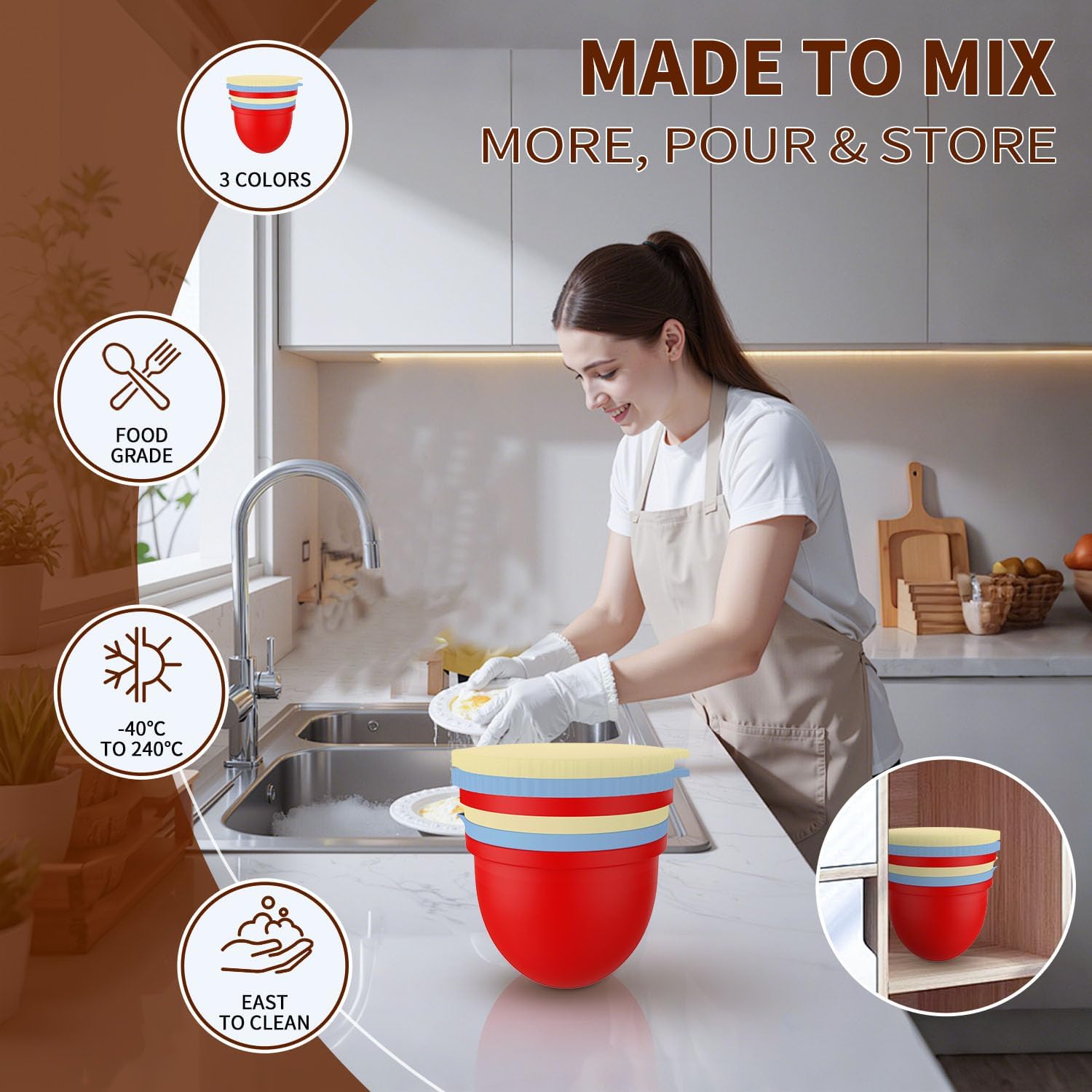 3PCS Silicone Bowl Liner with Lid for KitchenAid Tilt-Head 5 QT Stand Mixers, Non-Stick Foldable Reusable Heat Resistant Mixer Bowl Accessories for Baking & Cooking