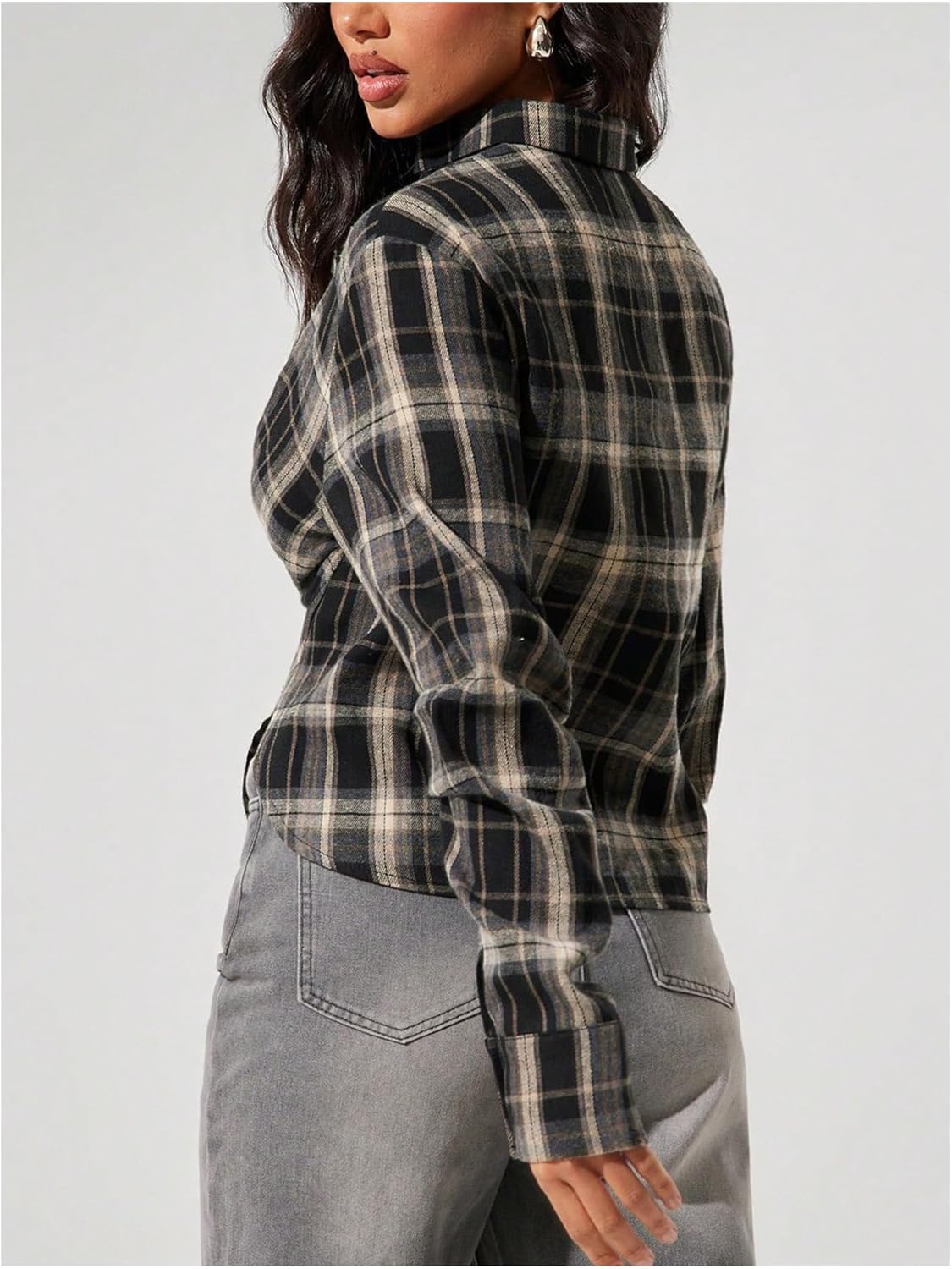 Floerns Women's Plaid Long Sleeve Shirts Split Fall Outfit Dressy Casual Blouse Tops - Image 3