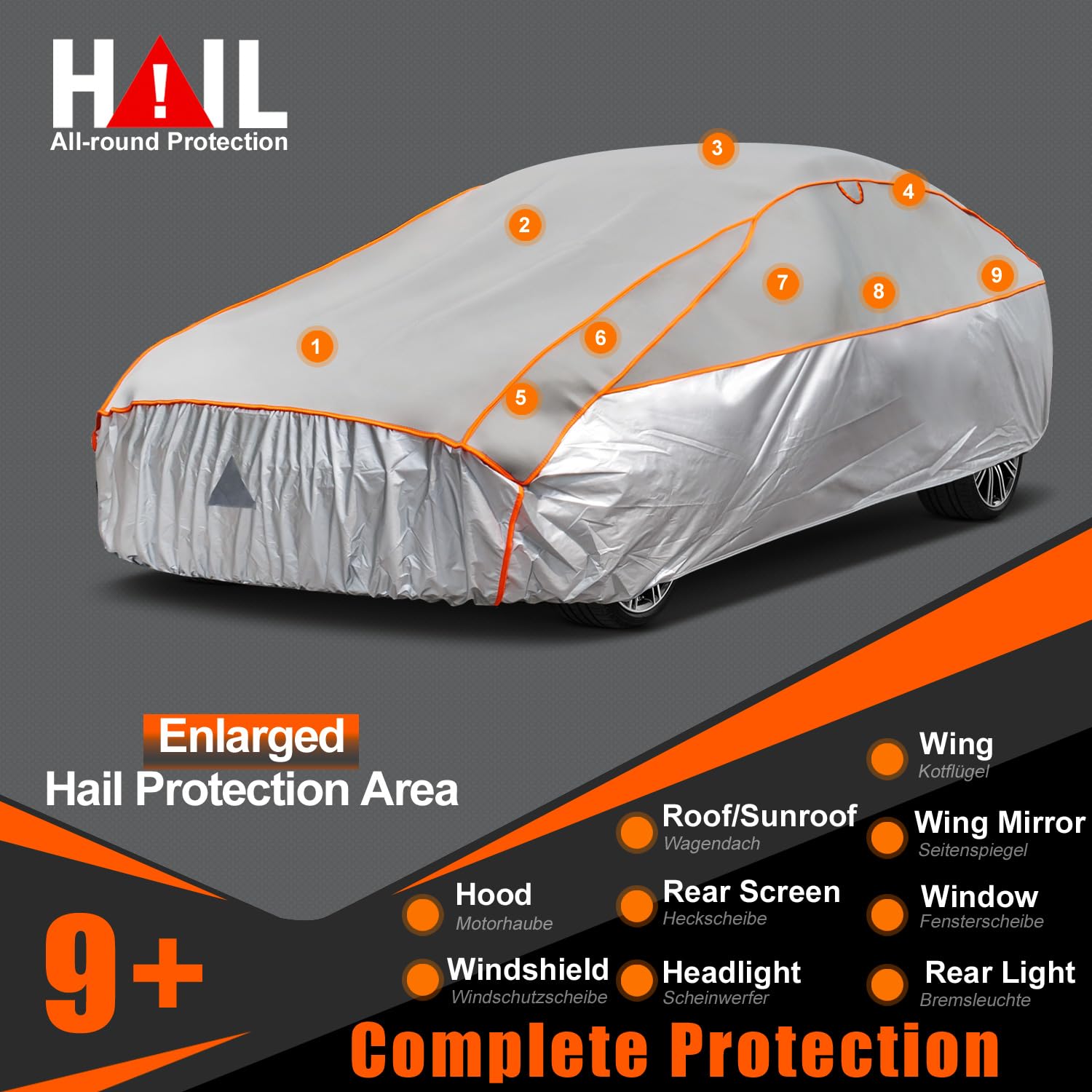 Telo Copriauto Antigrandine, Kayme Copertura per Auto Impermeabile Anti UV Antipolvere Anti Vento, Telo Copri Antigrandine Adatto per Auto a SUV (da 460 a 490cm) YL– Grigio
