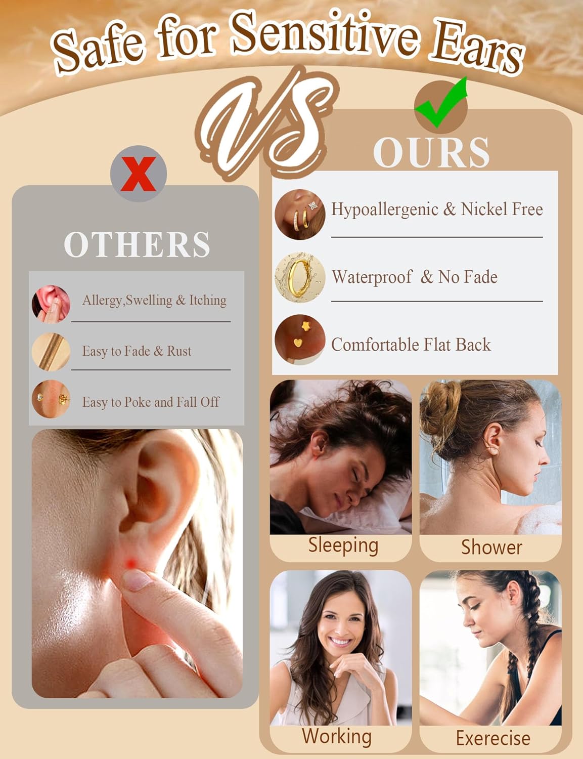 JeryWe 12Pairs Flat Back Earrings Surgical Steel Earrings for Sensitive Ears Dainty 14K Gold Plated Flat Back Stud Earring Set Hypoallergenic - Image 8