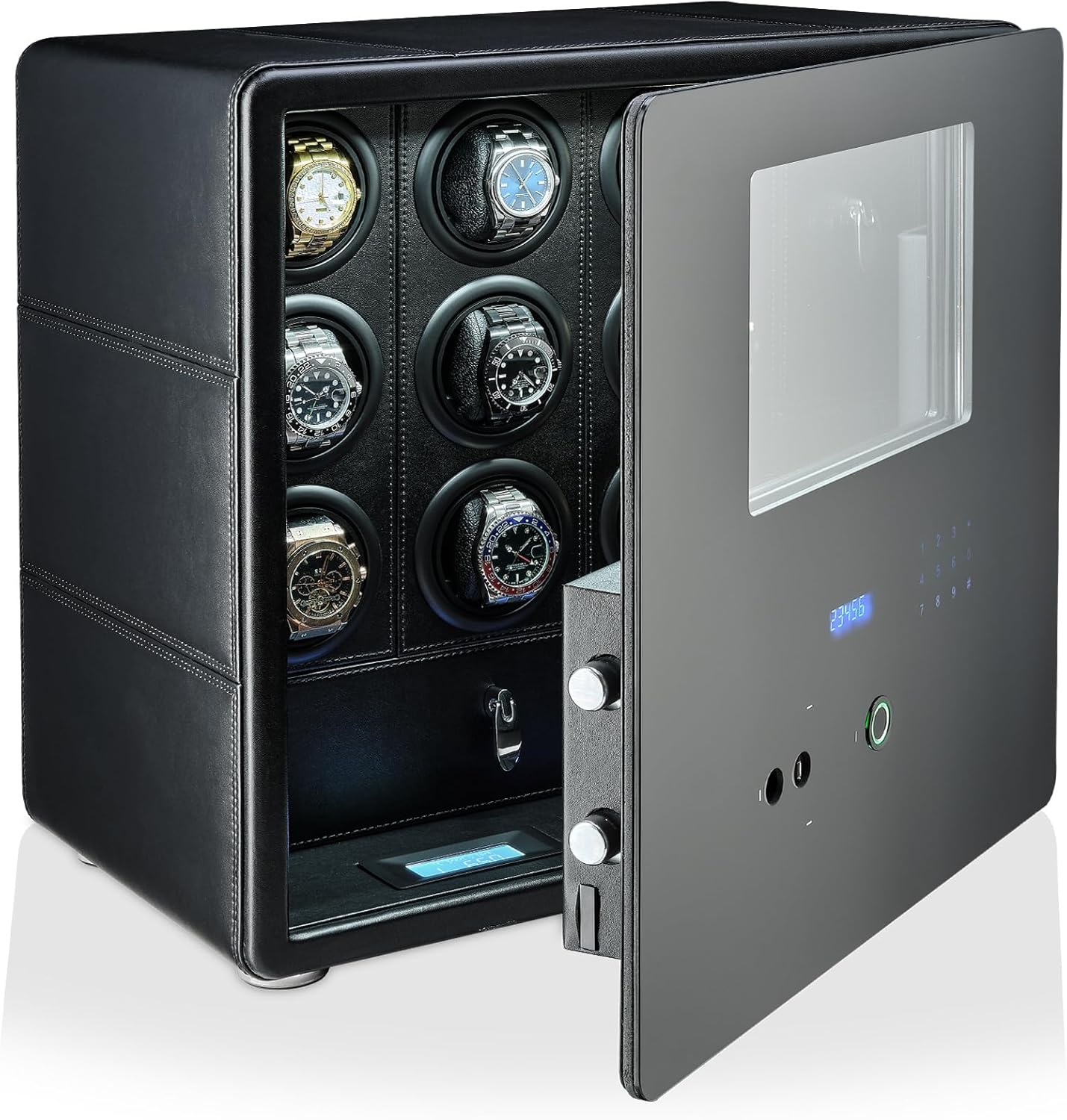 9 Watch Winder with Storage Drawer, Fingerprint Lock, Interior Light and Alarm System (Black)