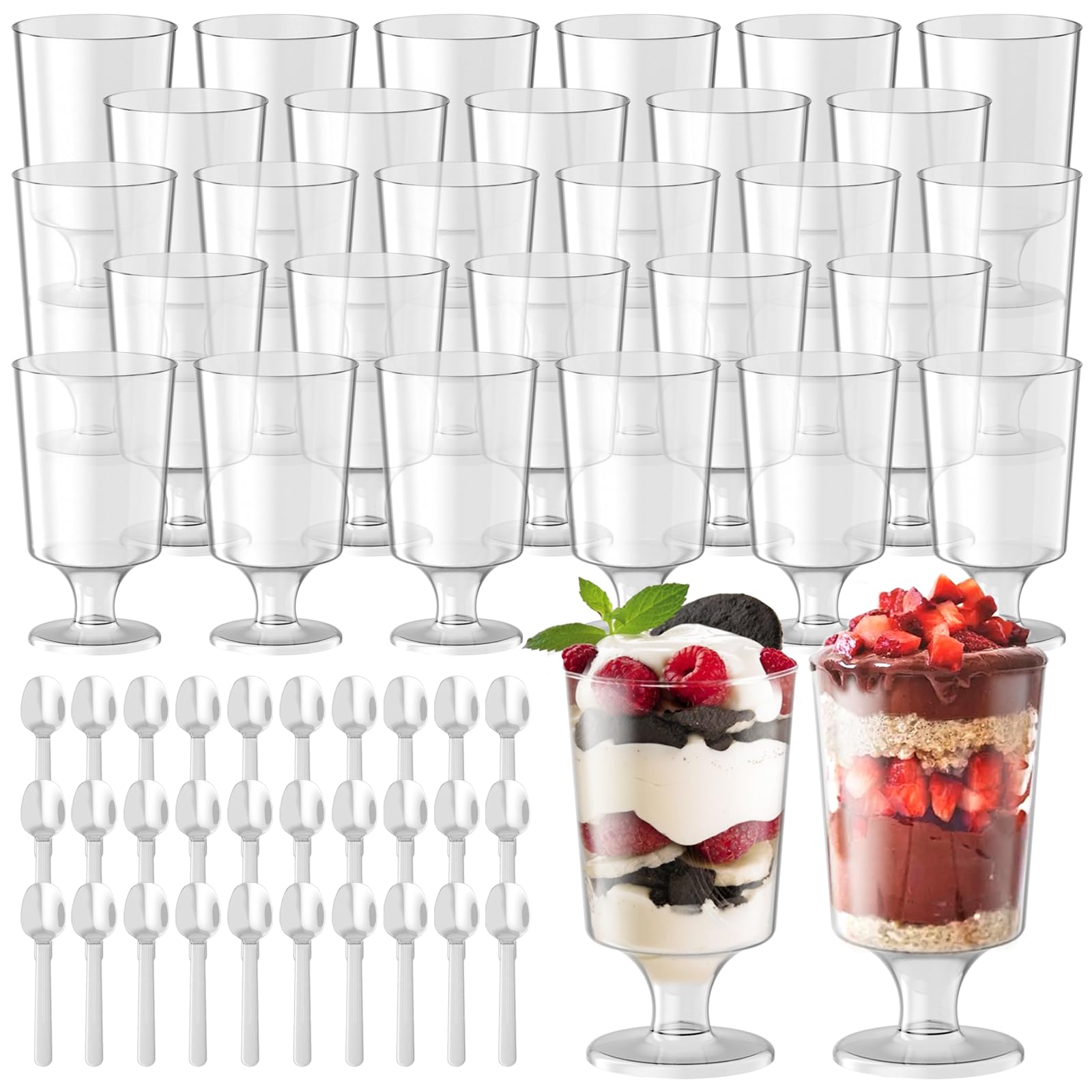 Plastikowe słoiki deserowe, 30 sztuk, kubki deserowe, z łyżeczkami, 120 ml, okrągłe, przezroczyste plastikowe kubki wielokrotnego użytku, na wesele, imprezę