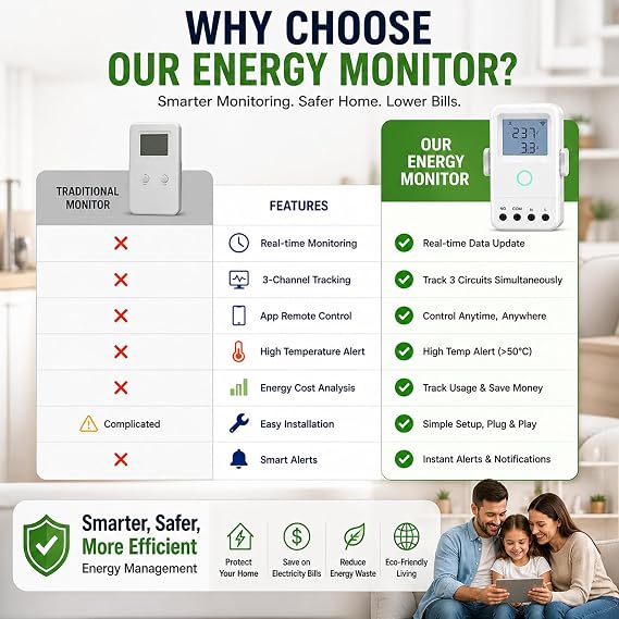 WiFi Home Energy Monitor with 3 80A CT Clamps, Circuit-Level Monitoring, Real-Time Electricity Usage Monitor, Smart Life/Tuya App, Voltage Current Power Tracking for Home, Solar, HVAC, Water Heater