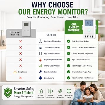 WiFi Home Energy Monitor with 3 80A CT Clamps, Circuit-Level Monitoring, Real-Time Electricity Usage Monitor, Smart Life/Tuya App, Voltage Current Power Tracking for Home, Solar, HVAC, Water Heater