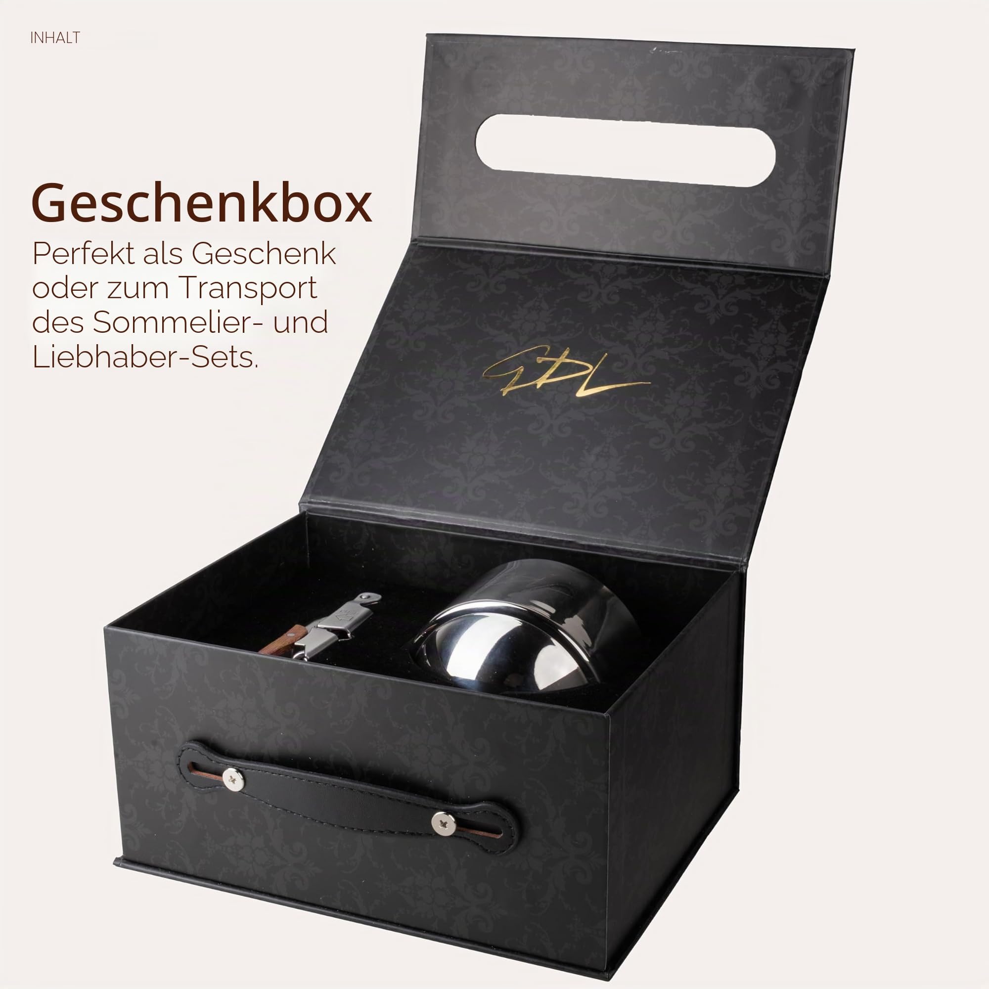 Filter zum Dekantieren des Weins in Trichterform aus Stahl mit Schichtstruktur und ergonomischem Griff + Kellnermesser mit Klinge zum Schneiden von Aluminium und einfacher Einführschraube, verpackt