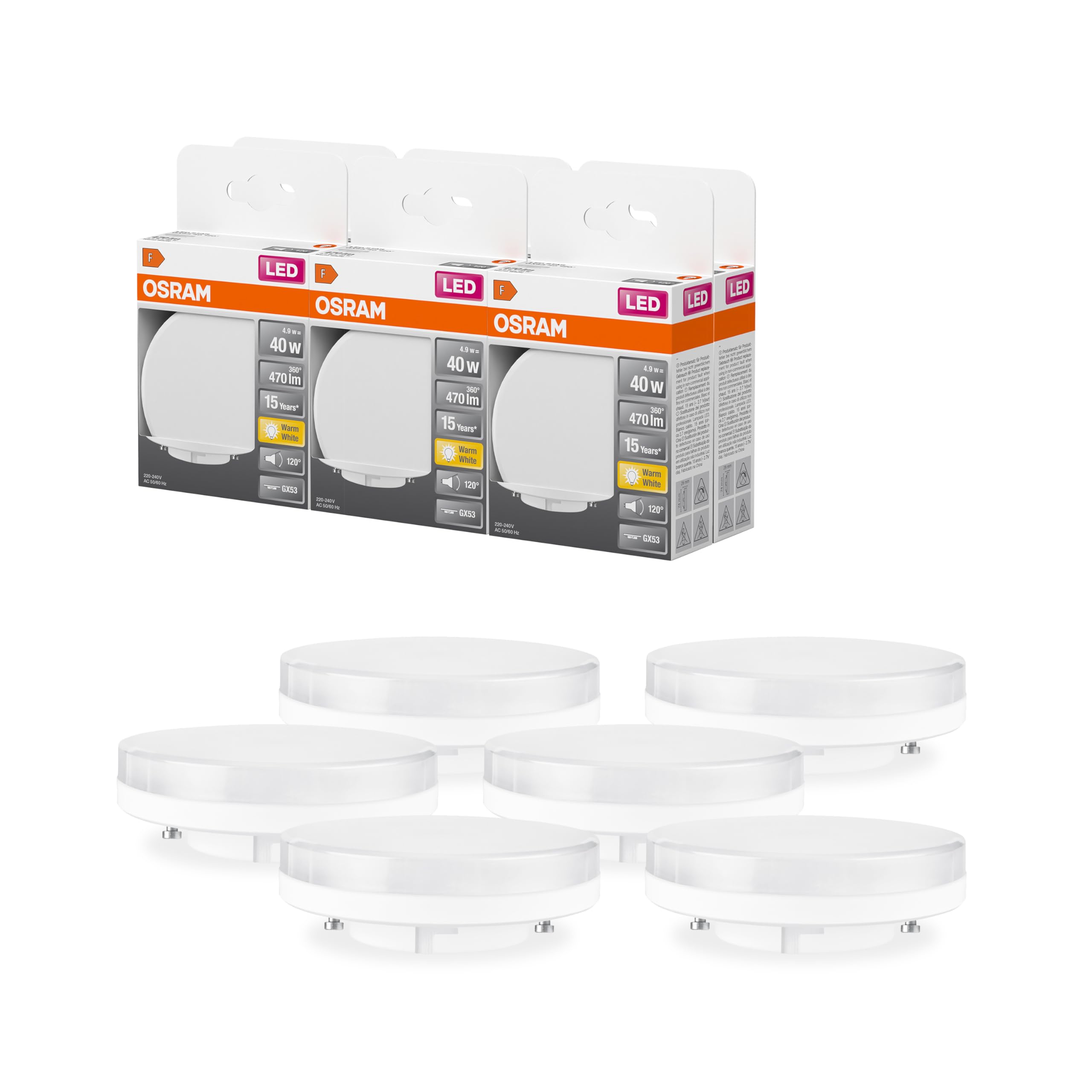 OSRAM LED glass spot with GX53 base, warm white (2700K), glass spot with 100 degree beam angle, 6W, replacement for 40W bulb, 6-pack