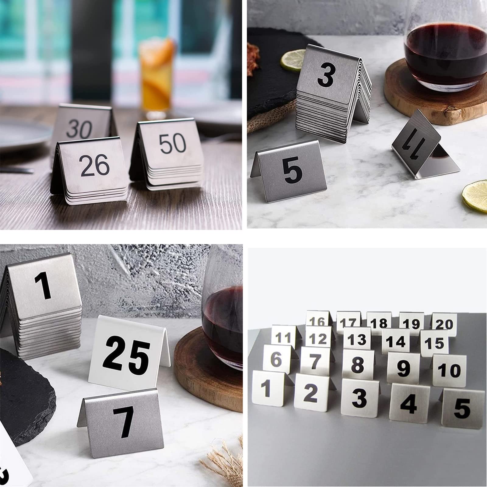 Zestaw numerów stołów ze stali nierdzewnej, Stojaki na numery stołów trójkątnych ze stali nierdzewnej 1-50/100 Dwustronne 5x4x3,5 cm(1100)