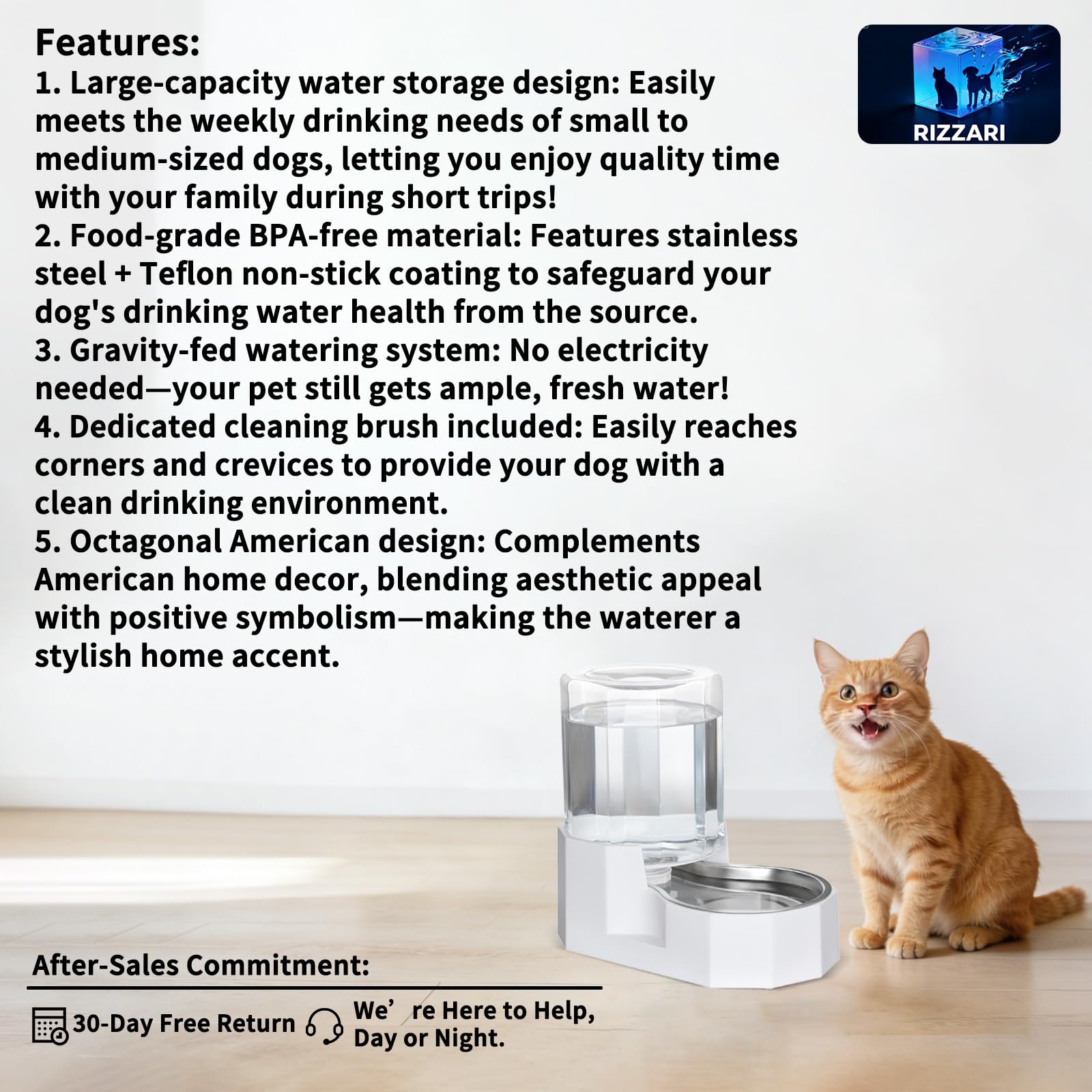 Sfozstra Large Dog Water Dispenser: 4L Stainless Steel Gravity Cat Water Feeder - Quiet Refill - No Power Needed - for Kittens & Cats - Bedroom/Kitchen Corner/Crate Area - image 2
