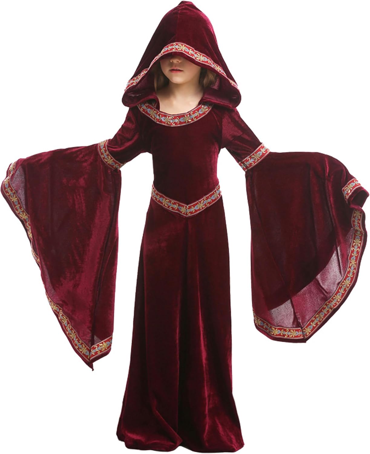 Girls Medieval Princess Costume Hooded Robe Renaissance Dress Up Outfit Halloween Cosplay Role Play Party Gown
