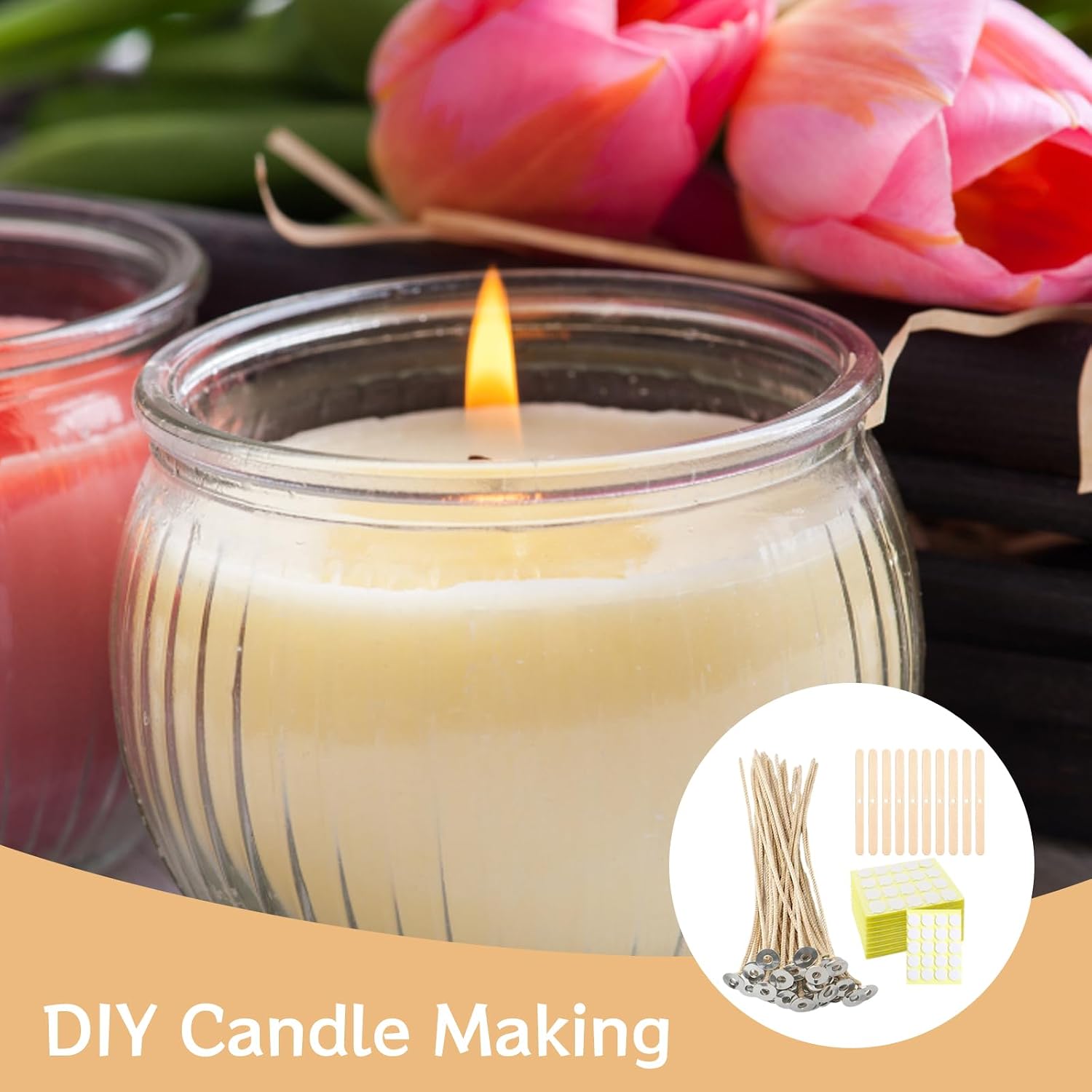 Candle Wick Kit 50 Pcs 8" Pre-Waxed Cotton Wicks +120 Stickers+10 Holders