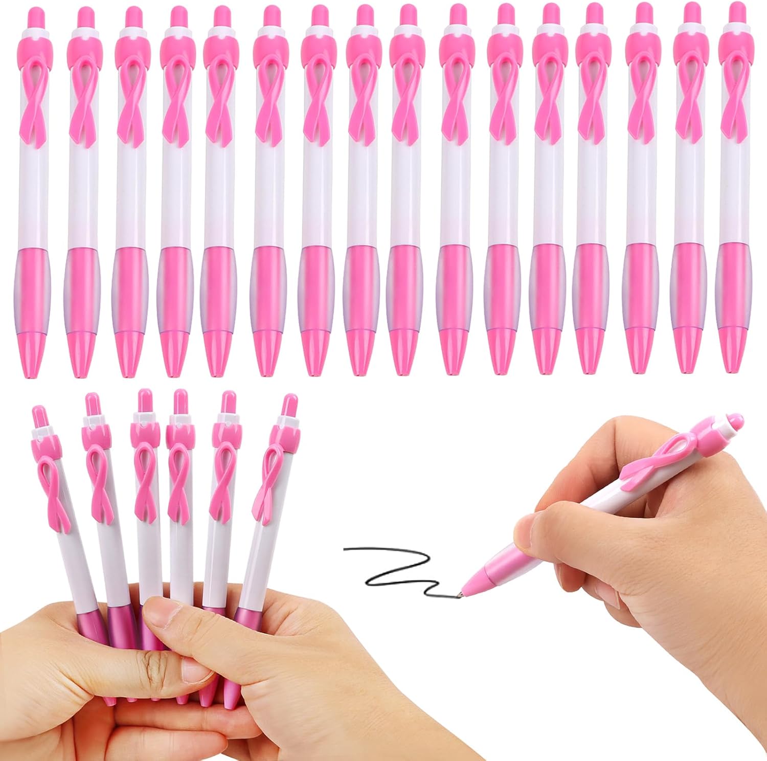 FOIMAS 50 Pack Breast Cancer Awareness Pens Pink Ribbon Retractable Ballpoint Pens Ink Pen for Breast Cancer Survivor Month Charity Event