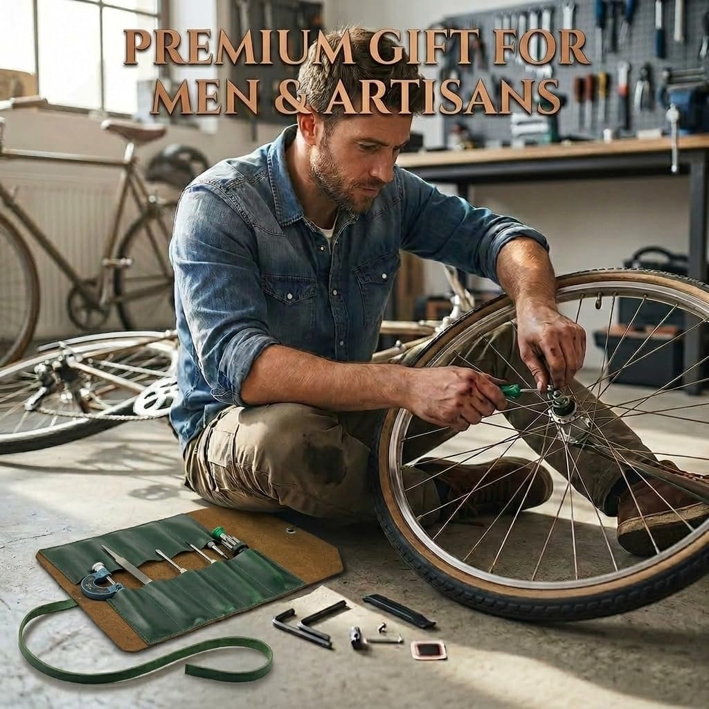 Warreplica Full Grain Leather 10-Slot Tool Roll: Heavy-duty, portable organizer for chisels & wrenches. Premium gift for artisans (Green Tawny)