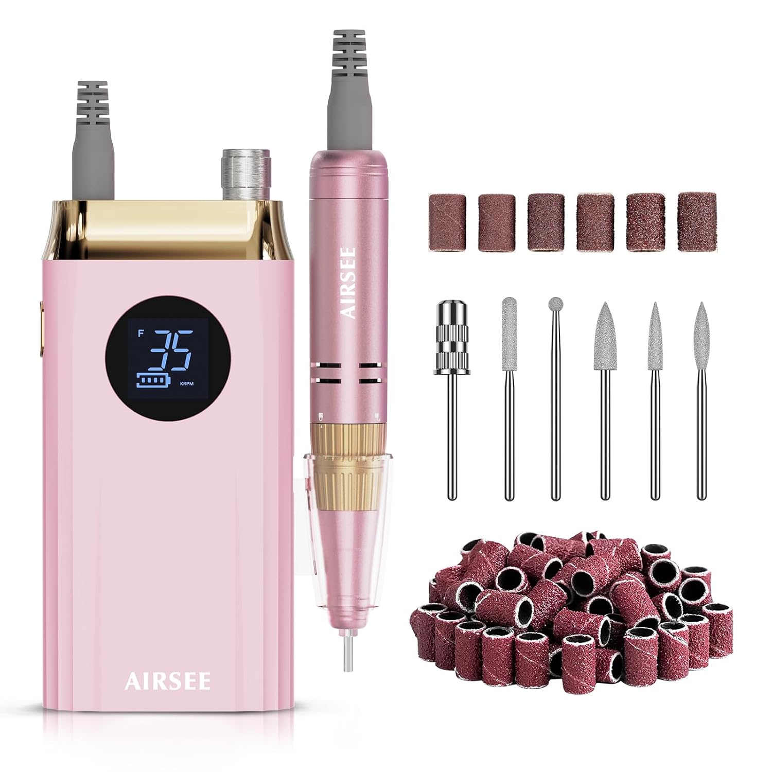 AIRSEE Professional Portable Nail Drill 35000RPM,Rechargeable Cordless Nail Drill for Manicure Salon Home, Eletric Nali E File for Acrylic Nails Gel Polishing Removing, EW4 Pink