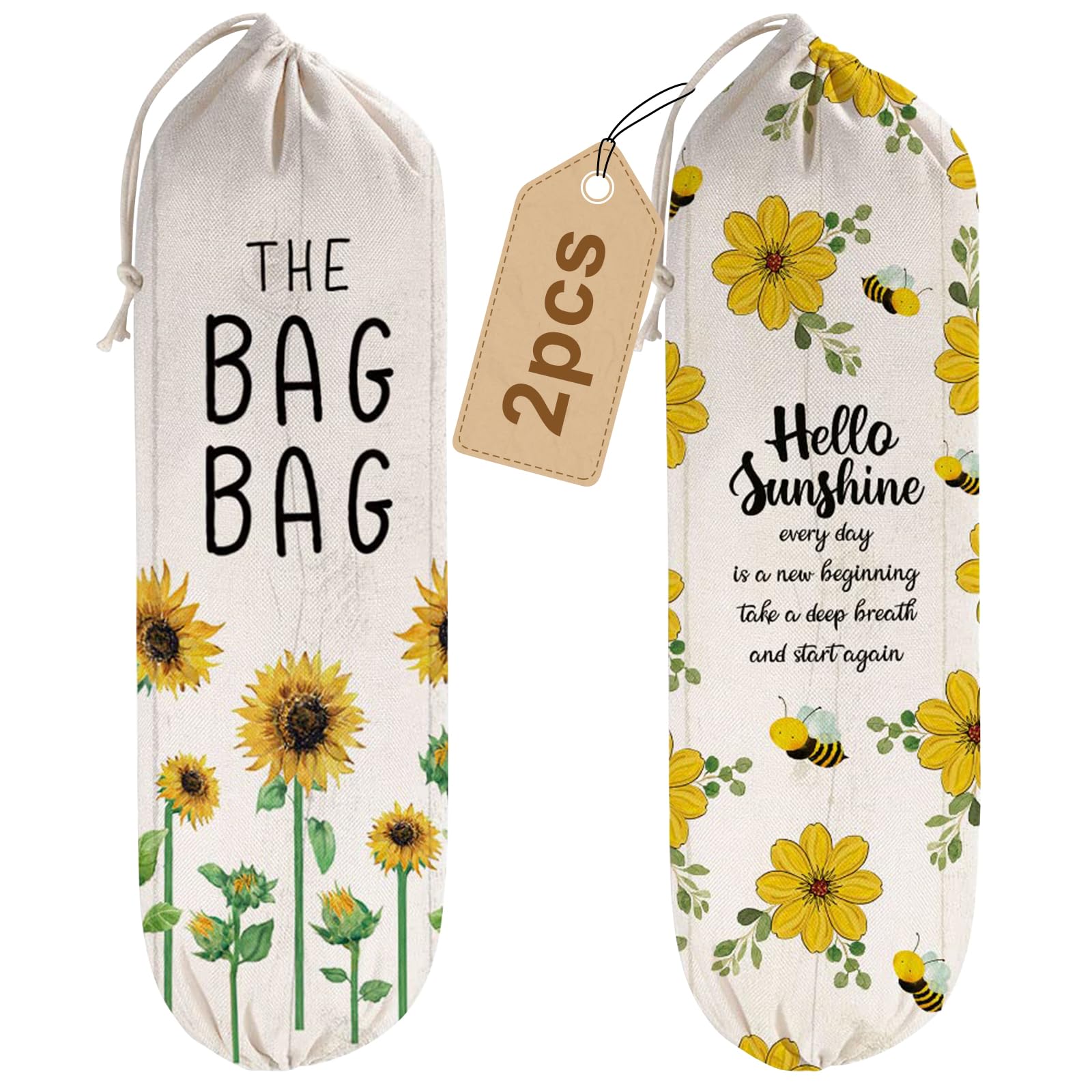 2Pcs Sunflower Plastic Bag Holder for Kitchen Essentials, Reusable Hanging Grocery Bag Organizer, Sunflower Gifts for Women, Washable Large Grocery