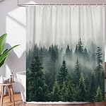 Green Misty Forest Shower Curtain Nature Woodland Pine Tree Shower Curtain 71x71 Inch Rustic Fog Forest Scenery Plant Bathroom Curtains Set with 12 Hooks Waterproof Polyester Fabric