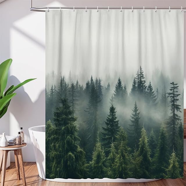 Green Misty Forest Shower Curtain Nature Woodland Pine Tree Shower Curtain 71x71 Inch Rustic Fog Forest Scenery Plant Bathroom Curtains Set with 12 Hooks Waterproof Polyester Fabric